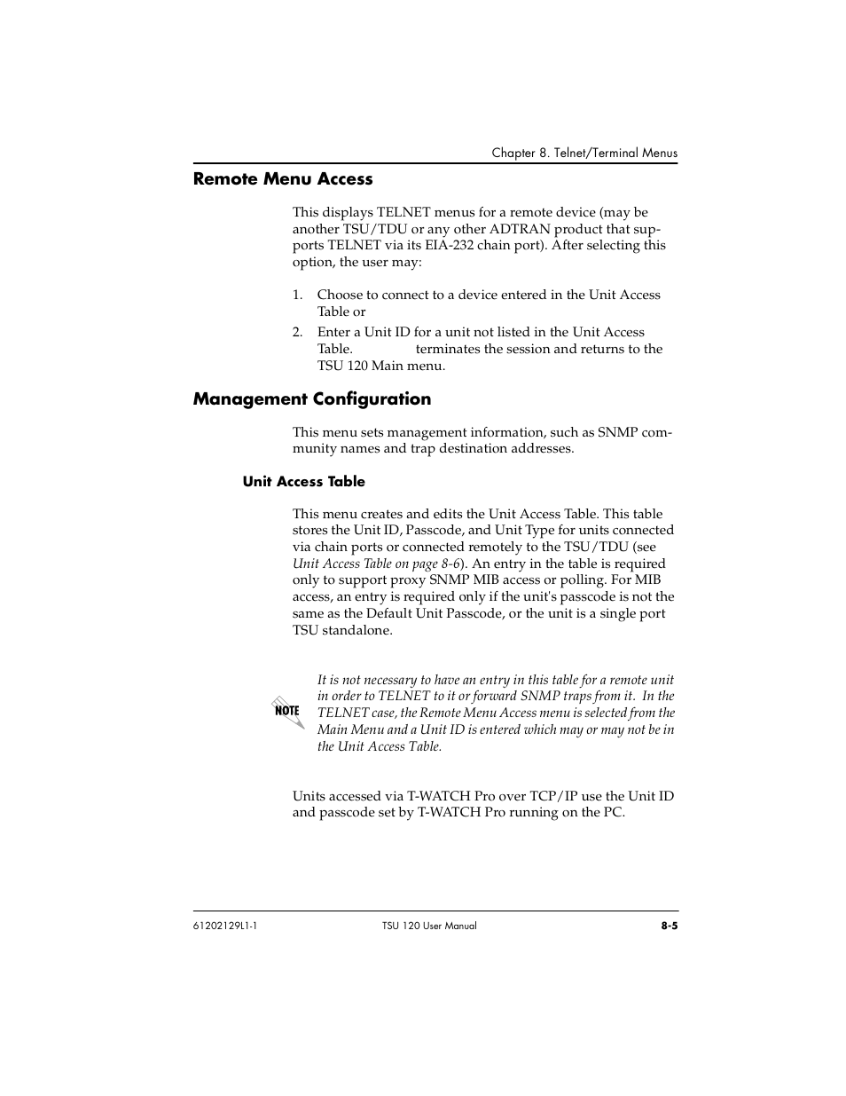 Remote menu access -5, Unit access table -5, Remote menu access | Management configuration | ADTRAN TSU 120e User Manual | Page 103 / 140