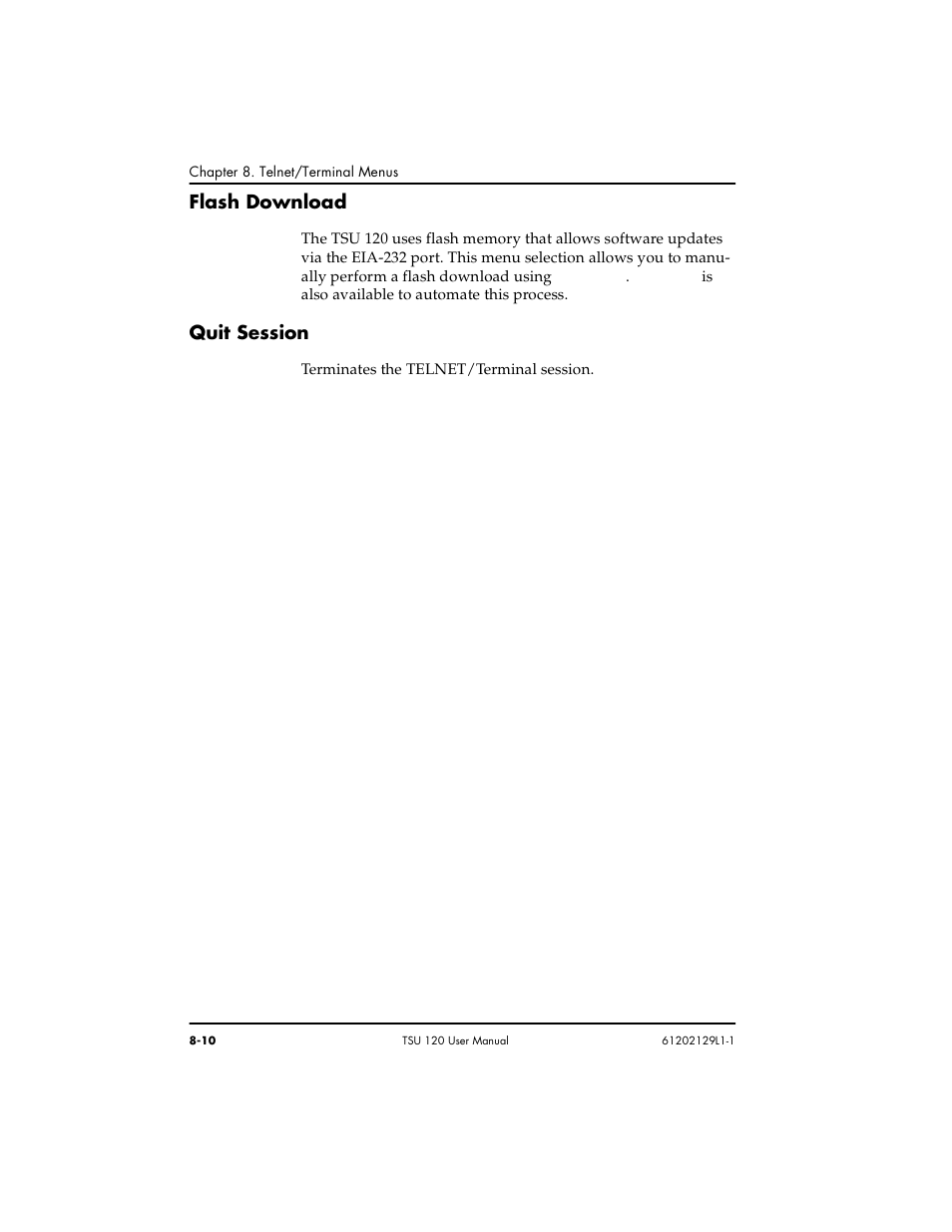 Flash download -10 quit session -10, Flash download, Quit session | ADTRAN TSU 120e User Manual | Page 108 / 140