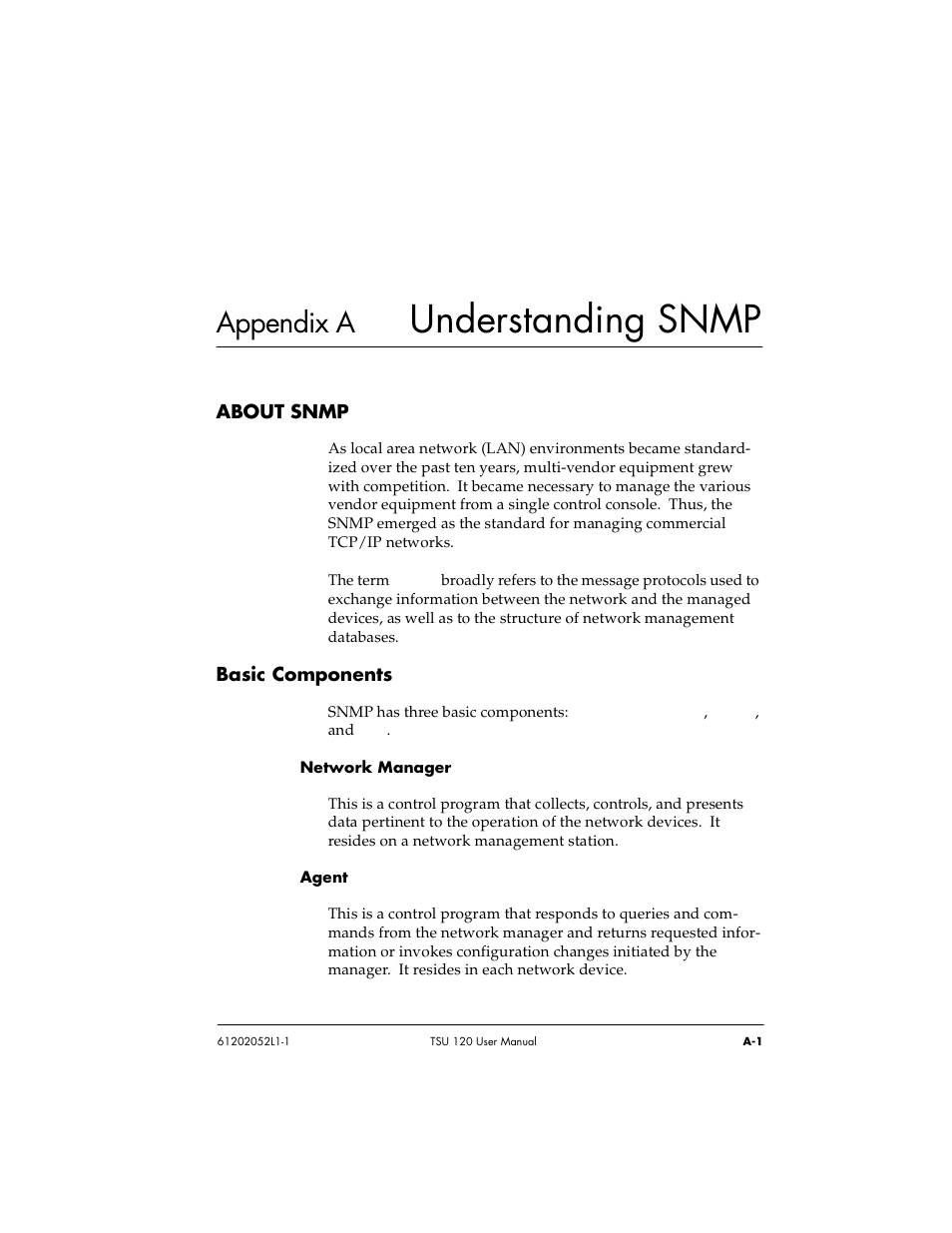 Appendix a understanding snmp, Understanding snmp, Appendix a | ADTRAN TSU 120e User Manual | Page 109 / 140