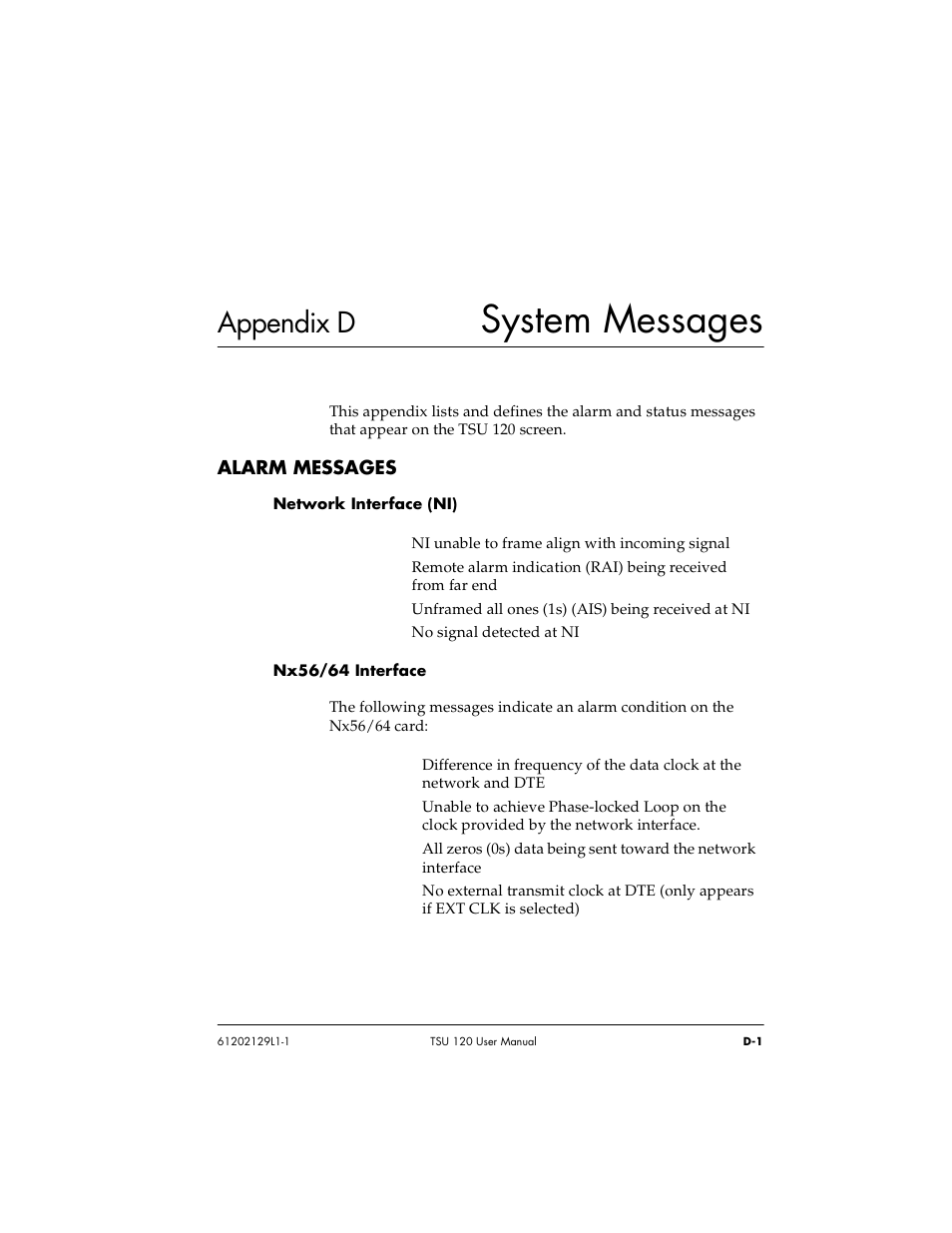 Appendix d system messages, System messages, Appendix d | ADTRAN TSU 120e User Manual | Page 125 / 140