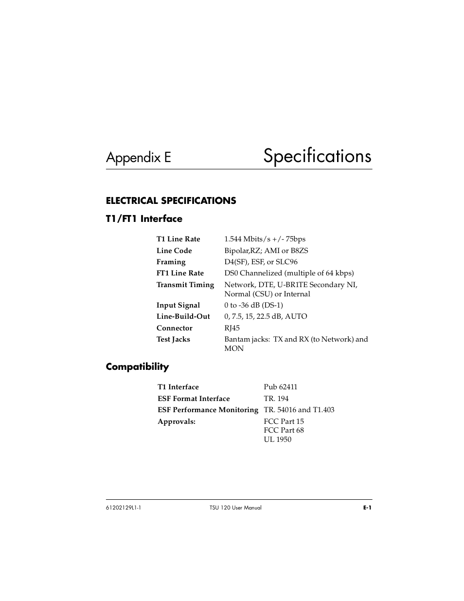 Appendix e specifications, Specifications, Appendix e | ADTRAN TSU 120e User Manual | Page 129 / 140