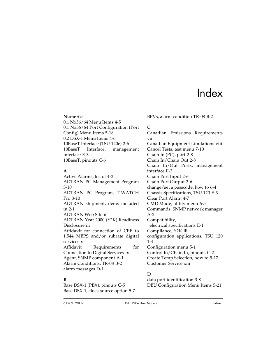 Index | ADTRAN TSU 120e User Manual | Page 133 / 140