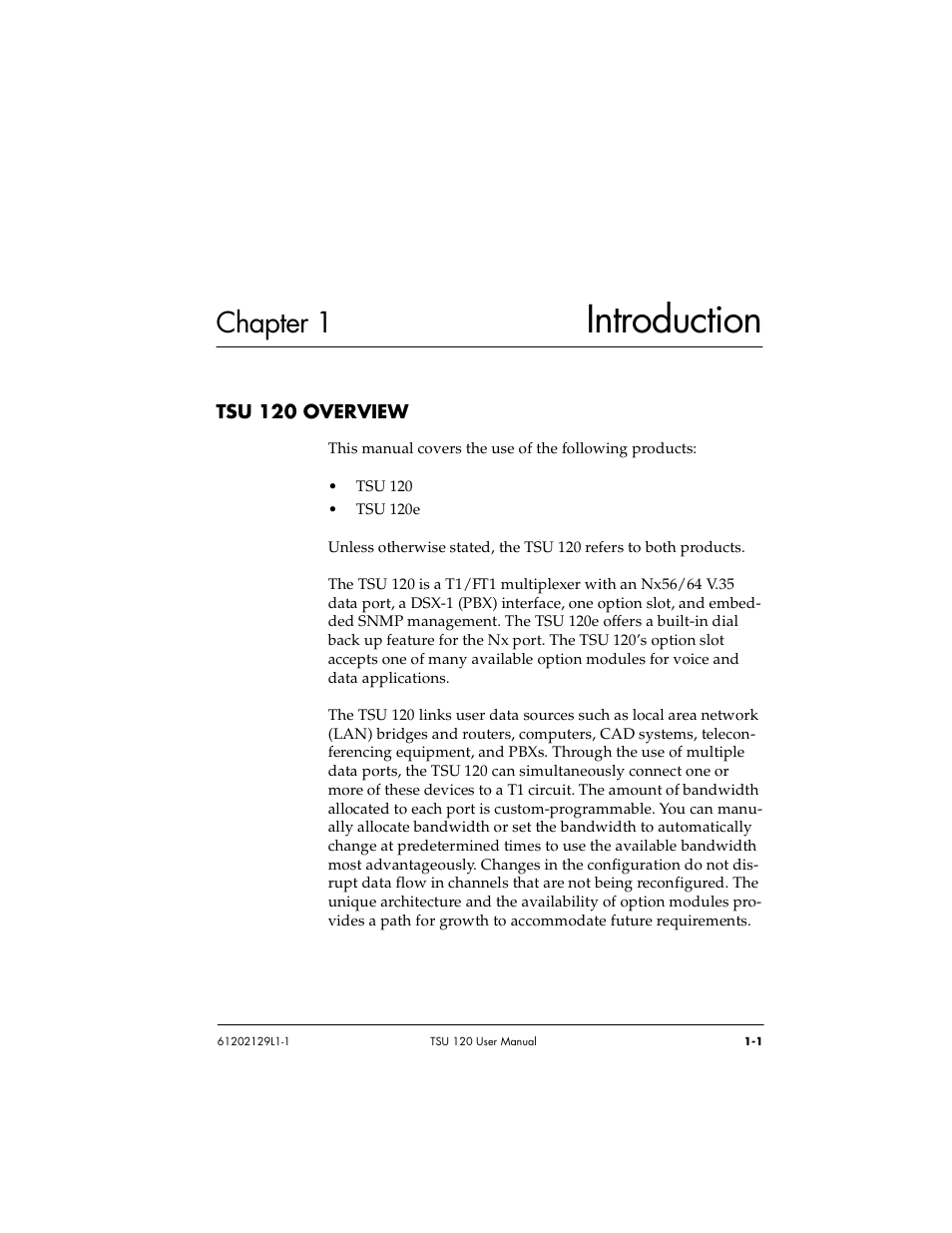 Chapter 1 introduction, Chapter 1, Introduction -1 | Tsu 120 overview -1, Introduction | ADTRAN TSU 120e User Manual | Page 25 / 140