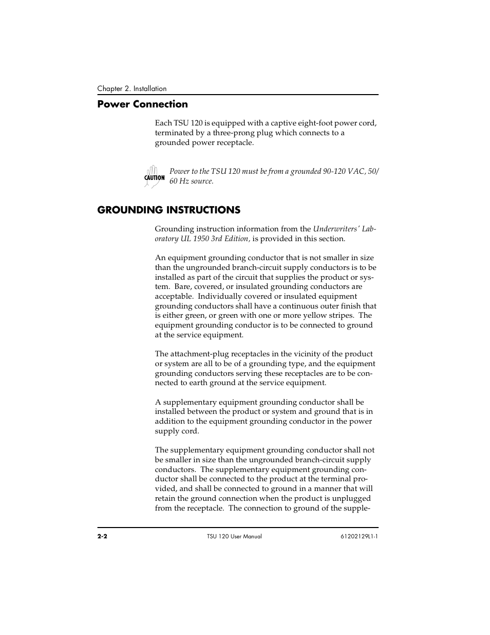 Power connection -2, Grounding instructions -2, Power connection | Grounding instructions | ADTRAN TSU 120e User Manual | Page 30 / 140