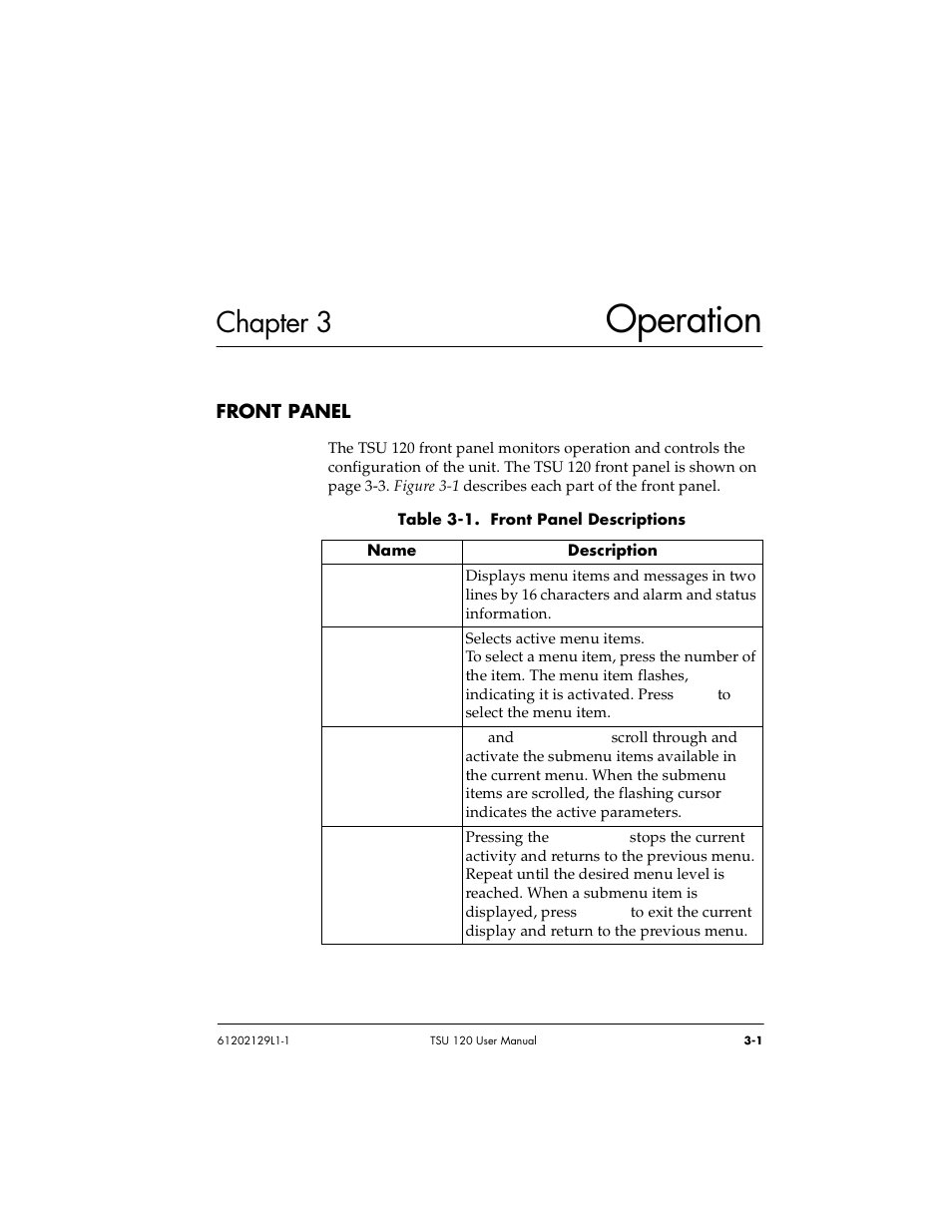 Chapter 3 operation, Chapter 3, Operation -1 | Front panel -1, Table 3-1, Front panel descriptions -1, Operation | ADTRAN TSU 120e User Manual | Page 39 / 140