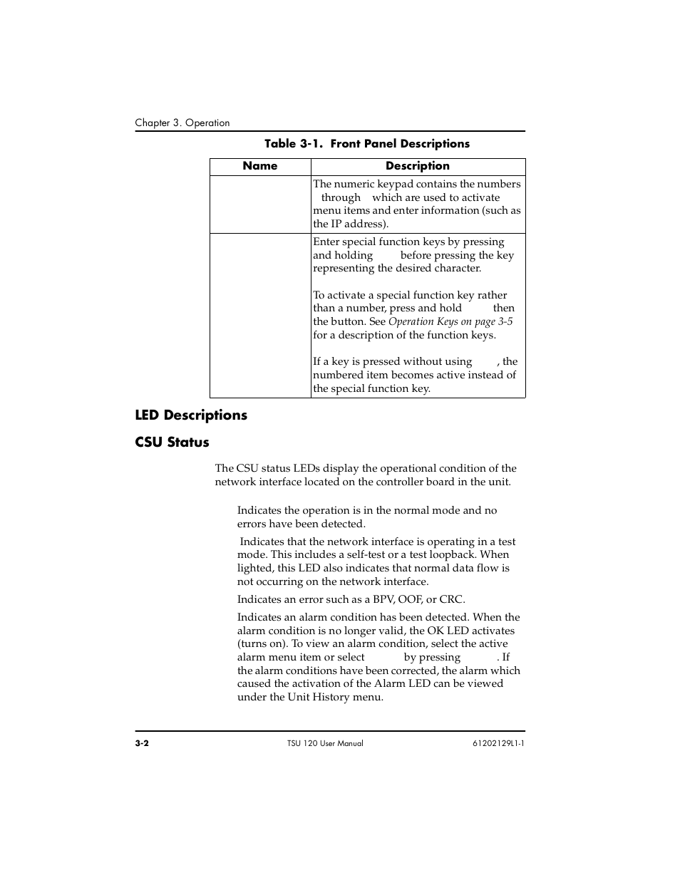 Led descriptions -2 csu status -2, Led descriptions csu status | ADTRAN TSU 120e User Manual | Page 40 / 140