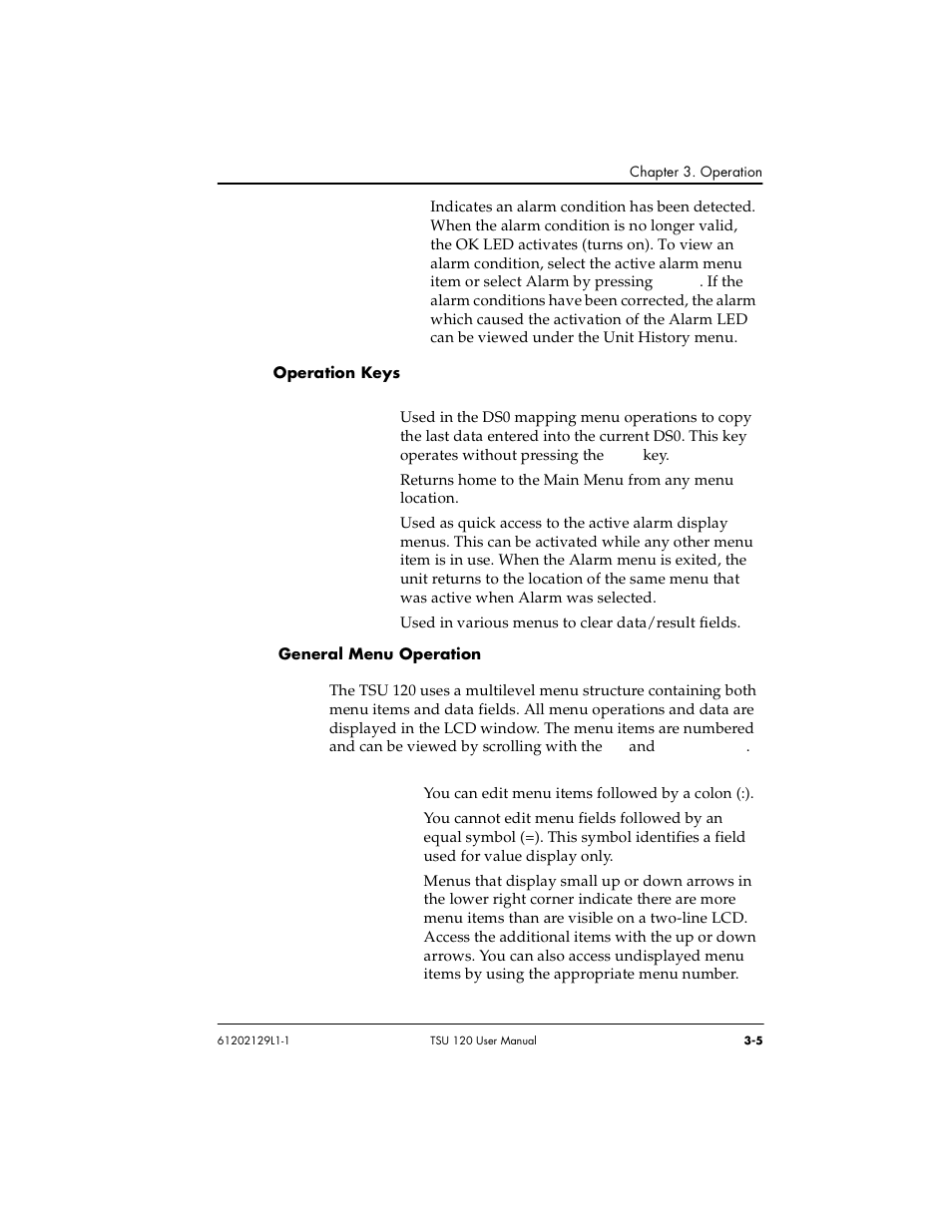 Operation keys -5 general menu operation -5 | ADTRAN TSU 120e User Manual | Page 43 / 140