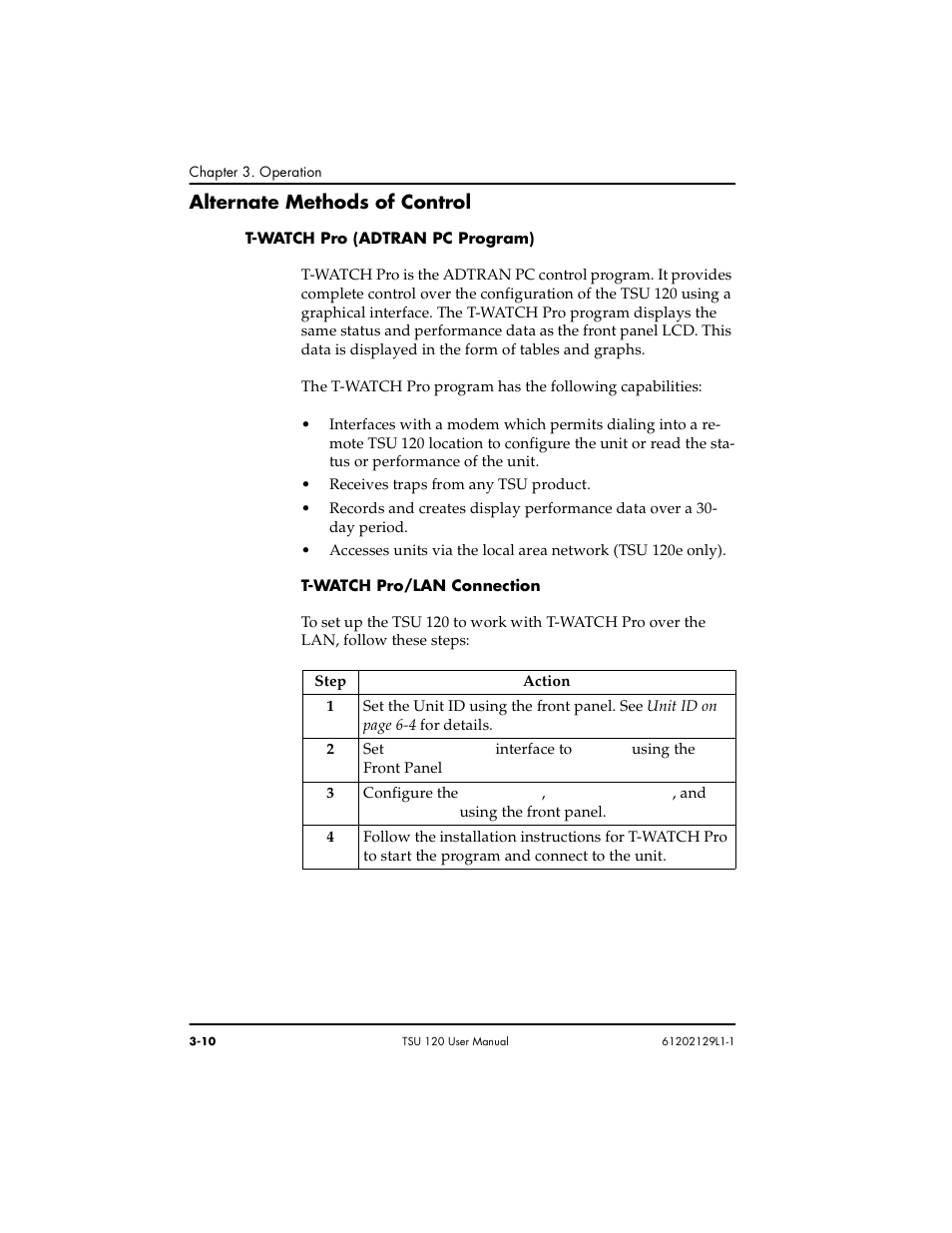 Alternate methods of control -10, T-watch pro (adtran pc program) -10, T-watch pro/lan connection -10 | Alternate methods of control | ADTRAN TSU 120e User Manual | Page 48 / 140