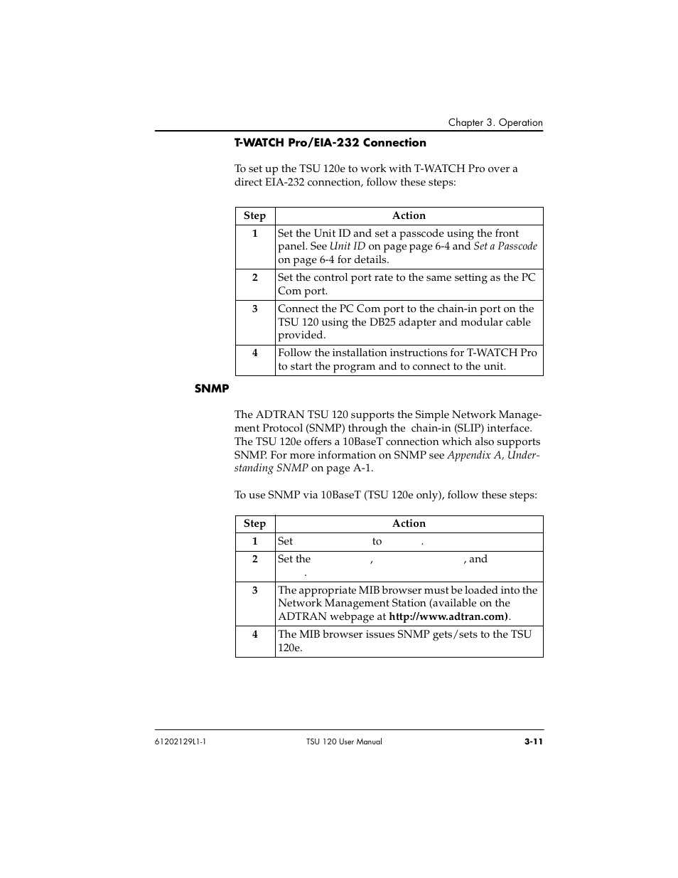 T-watch pro/eia-232 connection -11, Snmp -11 | ADTRAN TSU 120e User Manual | Page 49 / 140