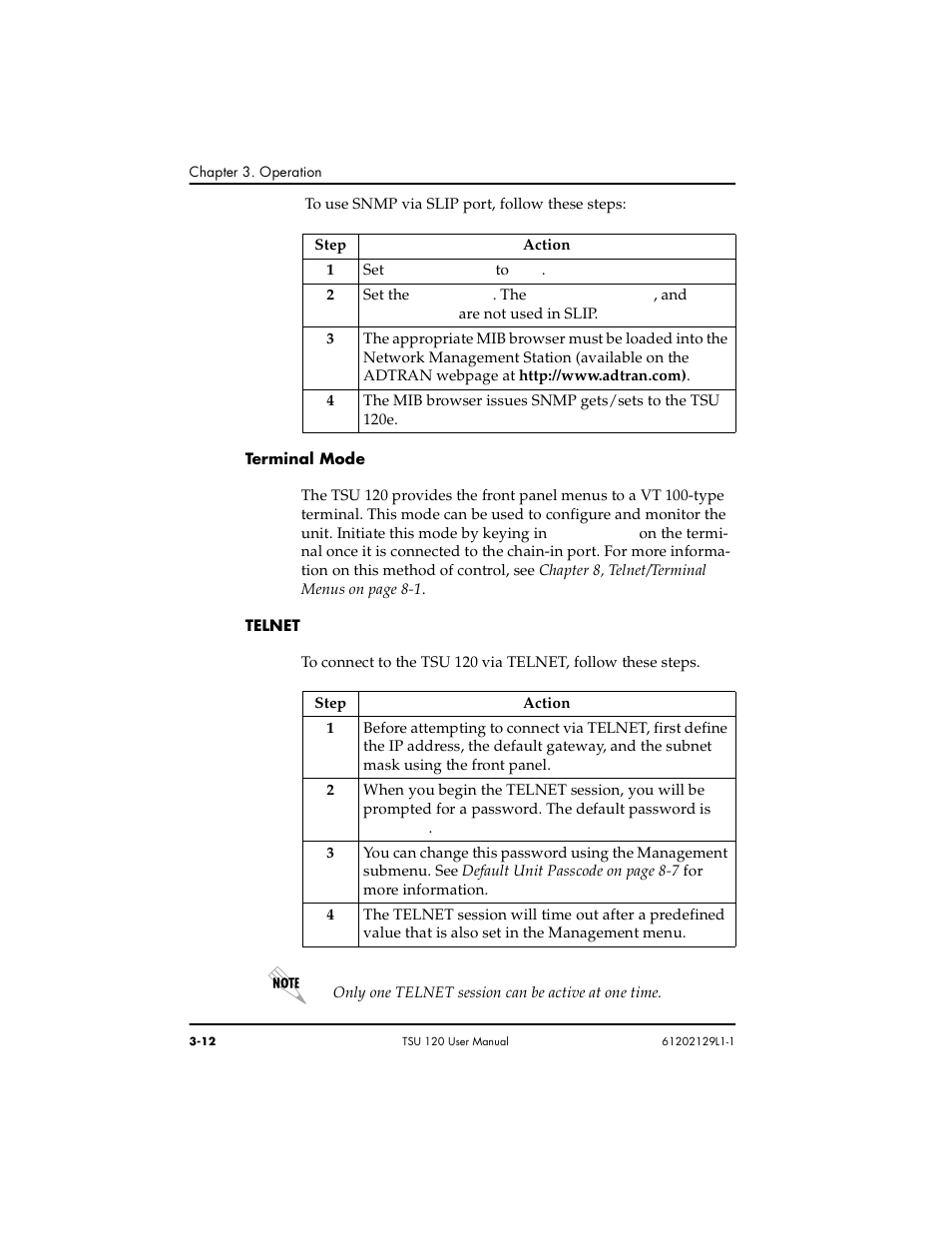 Terminal mode -12 telnet -12 | ADTRAN TSU 120e User Manual | Page 50 / 140