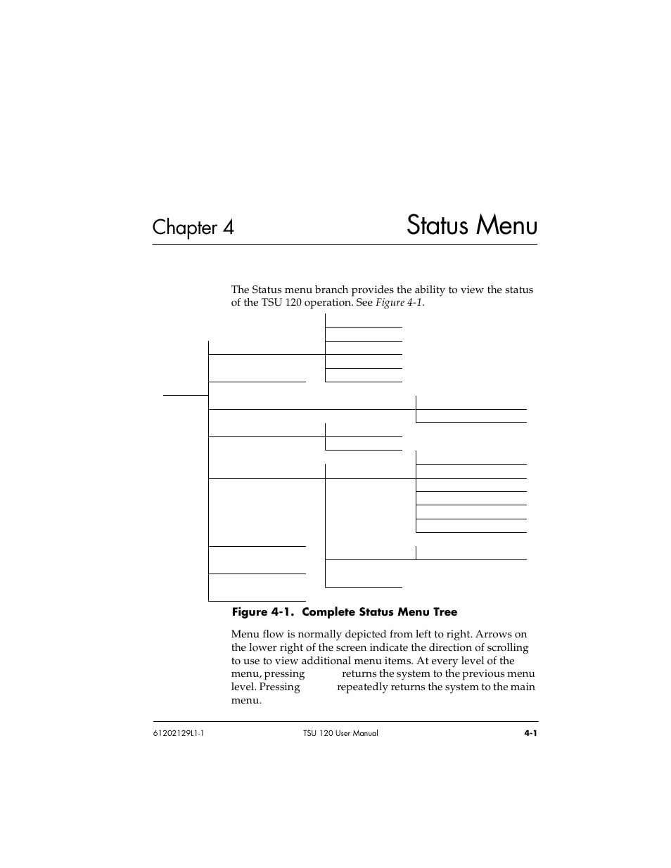 Chapter 4 status menu, Chapter 4, Status menu -1 | Figure 4-1. complete status menu tree -1, Status menu | ADTRAN TSU 120e User Manual | Page 51 / 140