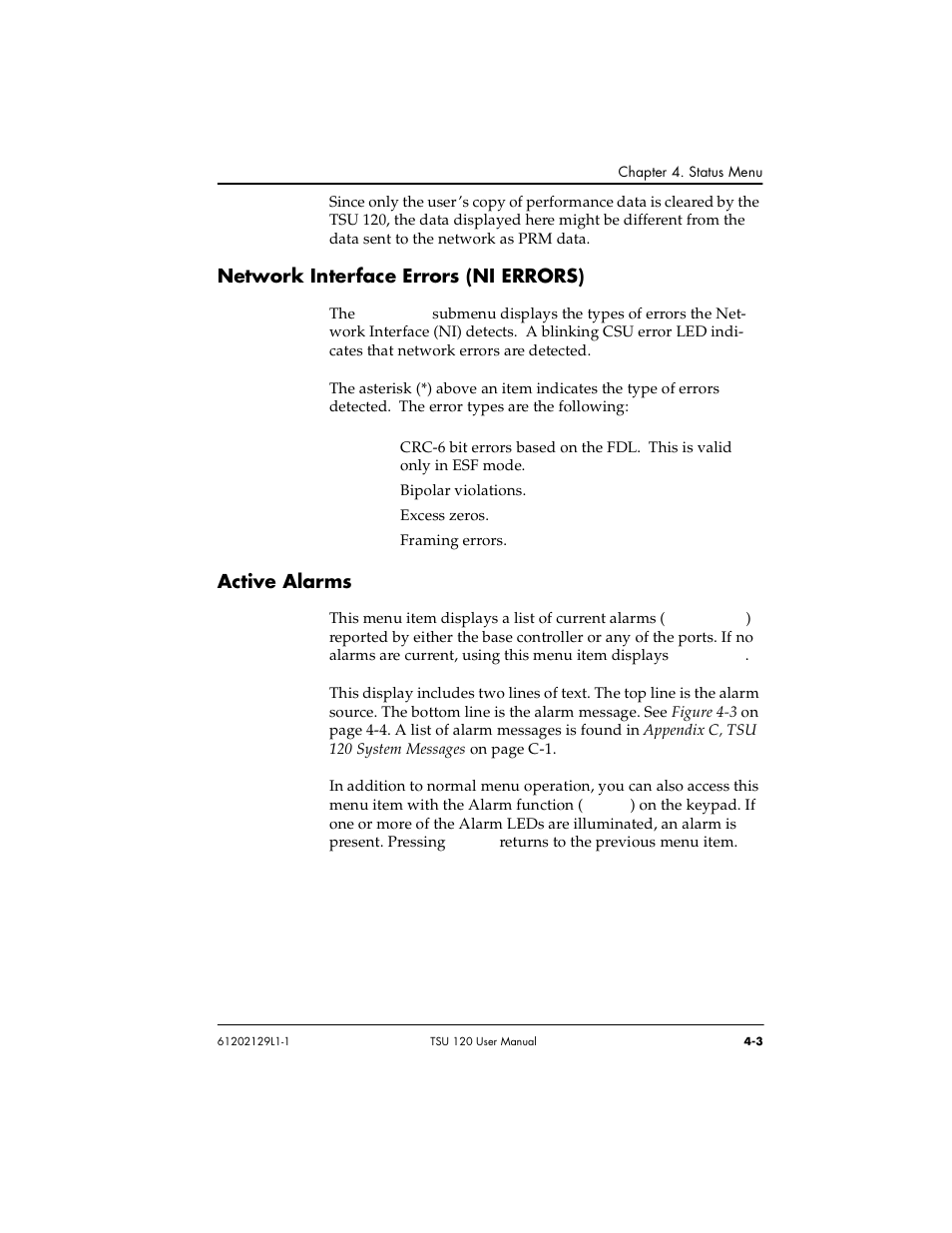 Network interface errors (ni errors), Active alarms | ADTRAN TSU 120e User Manual | Page 53 / 140