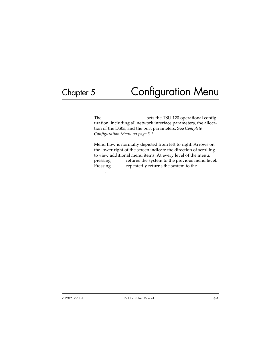 Chapter 5 configuration menu, Chapter 5, Configuration menu -1 | Configuration menu | ADTRAN TSU 120e User Manual | Page 59 / 140