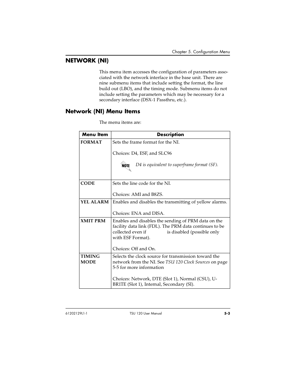 Network (ni) -3, Network (ni) menu items -3, Network (ni) | Network (ni) menu items | ADTRAN TSU 120e User Manual | Page 61 / 140