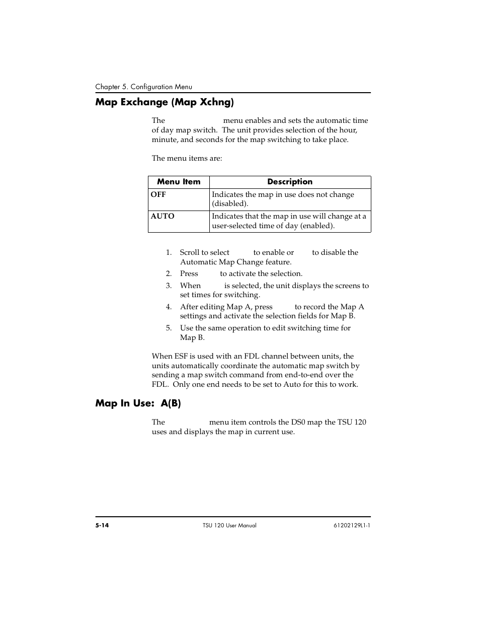 Map exchange (map xchng) -14 map in use: a(b) -14, Map exchange (map xchng), Map in use: a(b) | ADTRAN TSU 120e User Manual | Page 72 / 140