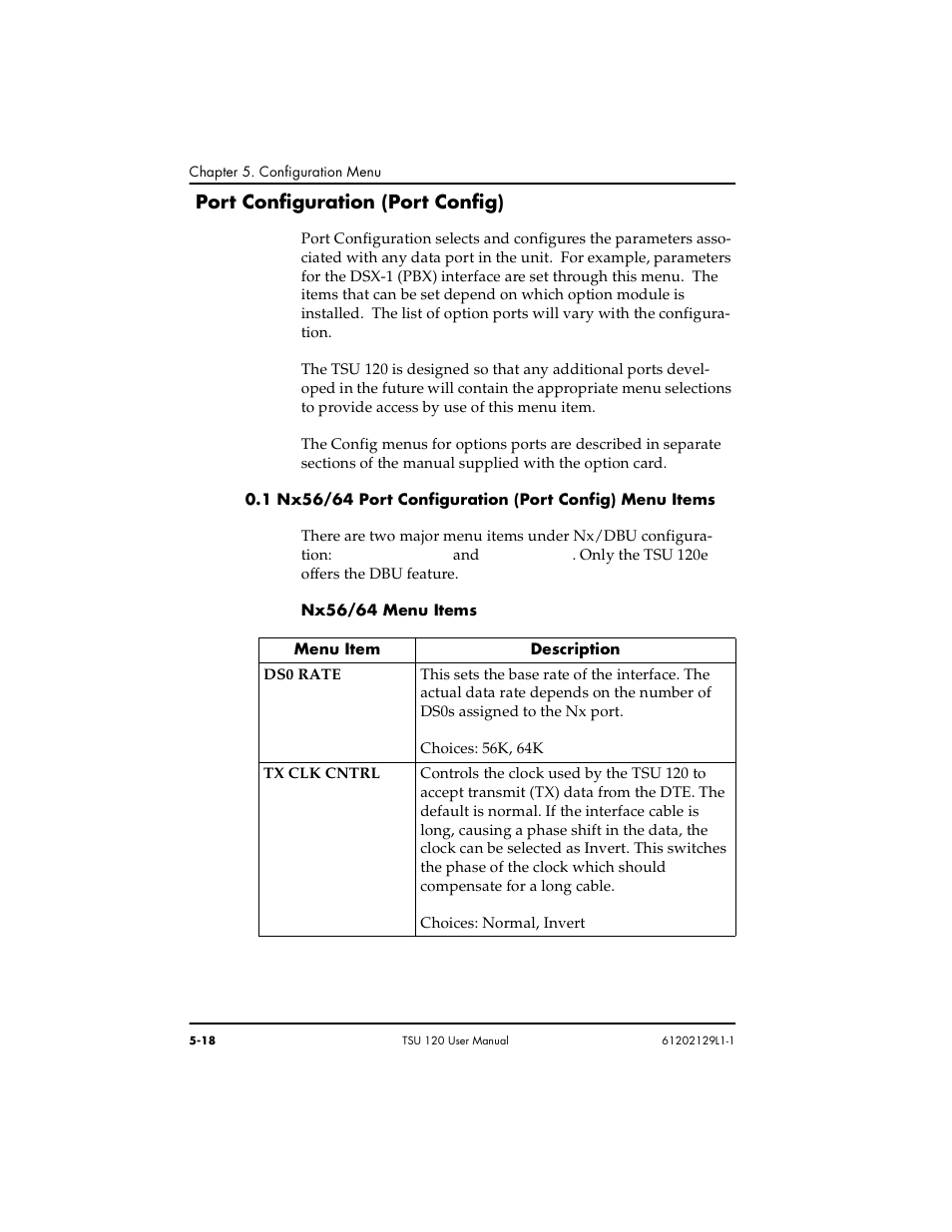 Port configuration (port config) -18, Nx56/64 menu items -18, Port configuration (port config) | ADTRAN TSU 120e User Manual | Page 76 / 140