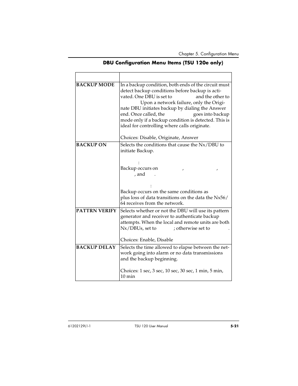 Dbu configuration menu items (tsu 120e only) -21 | ADTRAN TSU 120e User Manual | Page 79 / 140