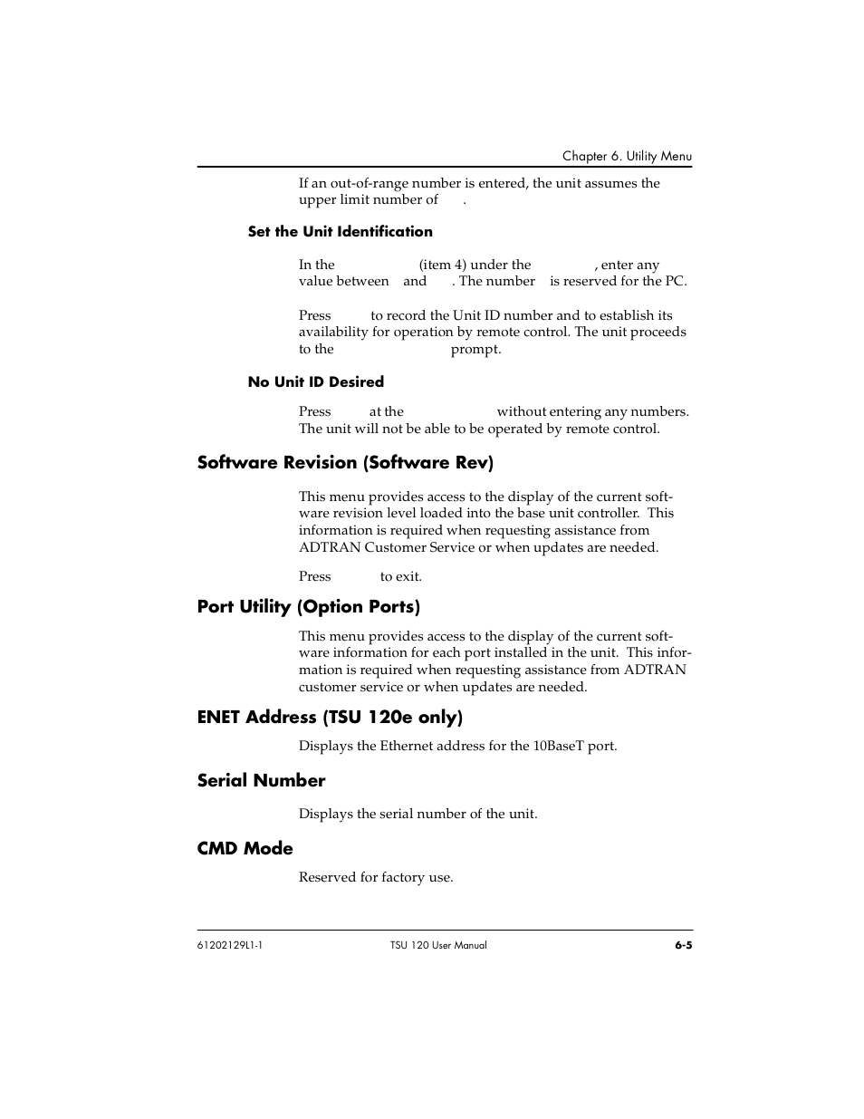 Serial number -5 cmd mode -5, Management configuration -5, Software revision (software rev) | Port utility (option ports), Enet address (tsu 120e only), Serial number, Cmd mode | ADTRAN TSU 120e User Manual | Page 87 / 140