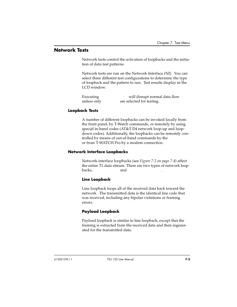 Network tests -3, Loopback tests -3 network interface loopbacks -3, Line loopback -3 payload loopback -3 | Network tests | ADTRAN TSU 120e User Manual | Page 91 / 140