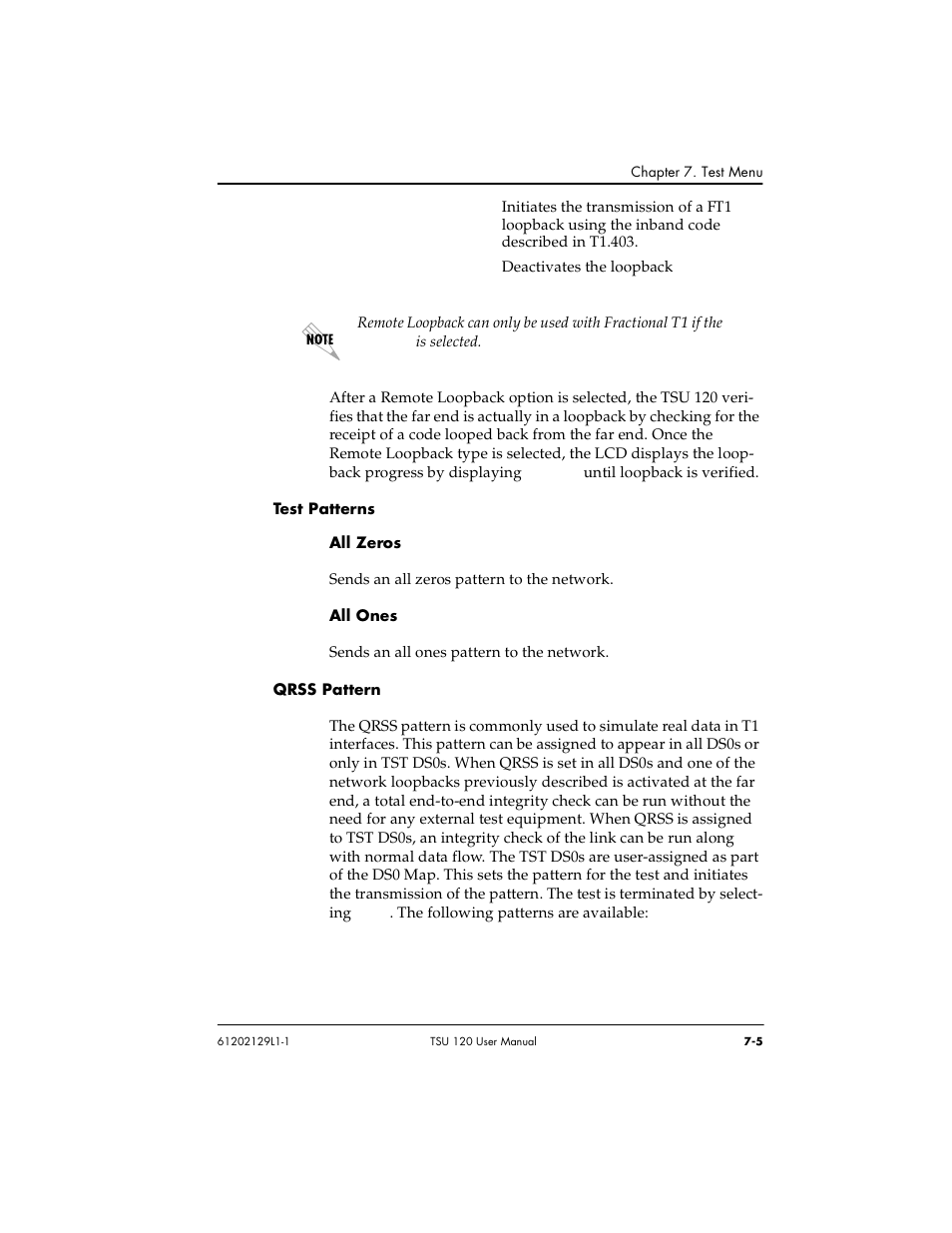 Test patterns -5, All zeros -5 all ones -5, Qrss pattern -5 | ADTRAN TSU 120e User Manual | Page 93 / 140