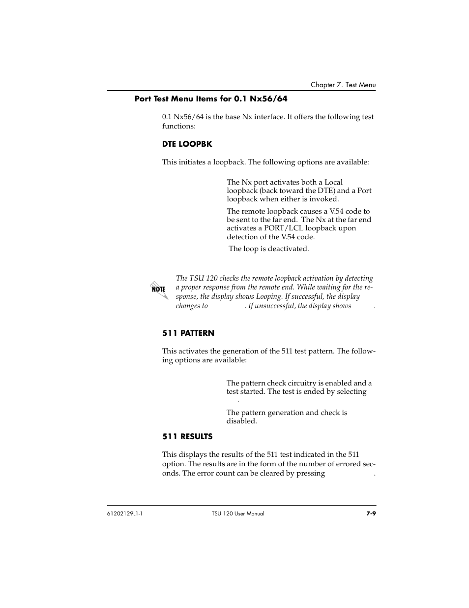 Port test menu items for 0.1 nx56/64 -9, Dte loopbk -9 511 pattern -9 511 results -9 | ADTRAN TSU 120e User Manual | Page 97 / 140