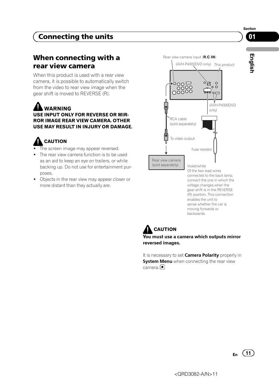 When connecting with a rear view camera, 01 connecting the units | Pioneer AVH P4300DVD User Manual | Page 11 / 100