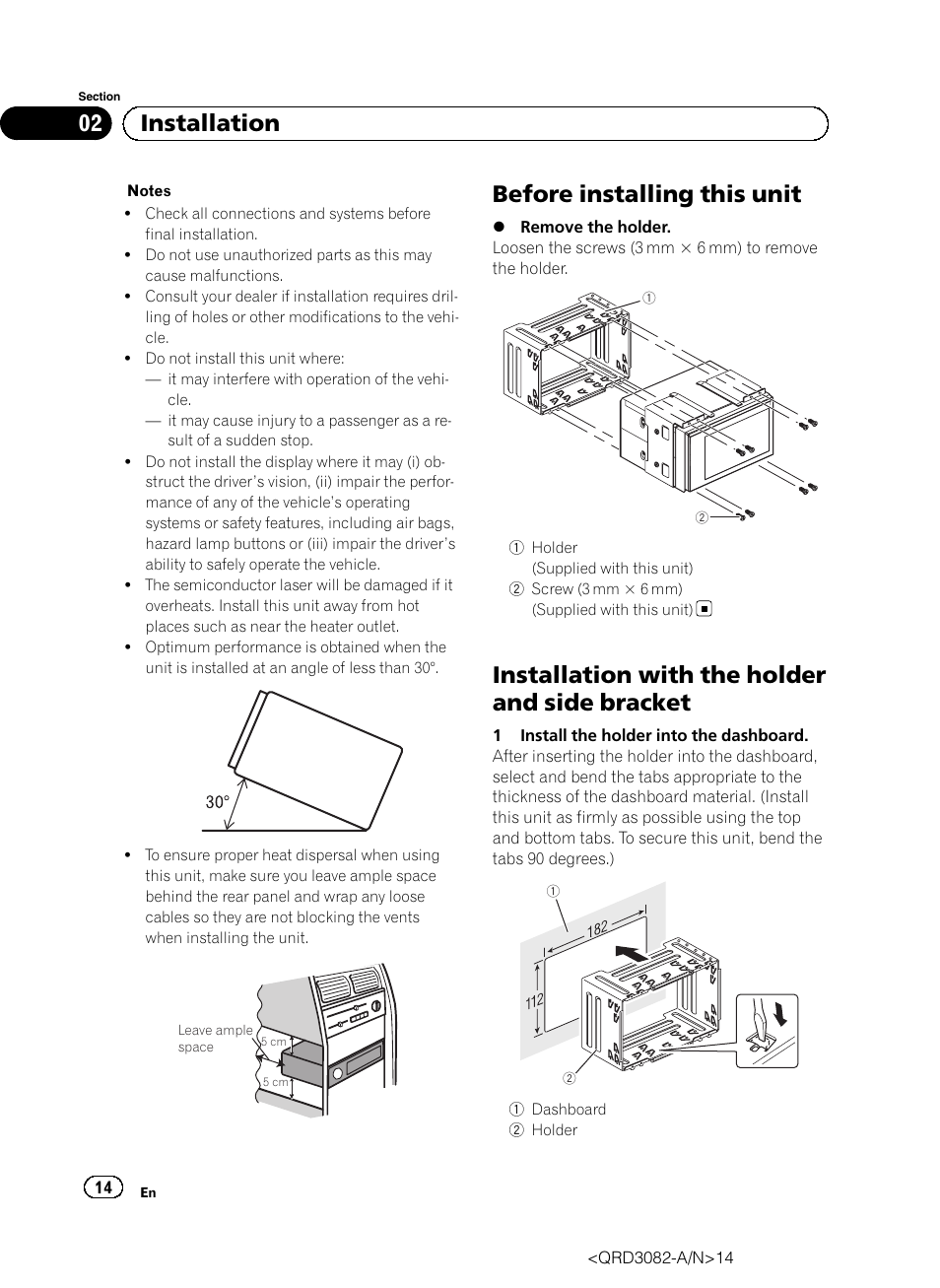 Before installing this unit, Installation with the holder and side bracket, 02 installation | Pioneer AVH P4300DVD User Manual | Page 14 / 100