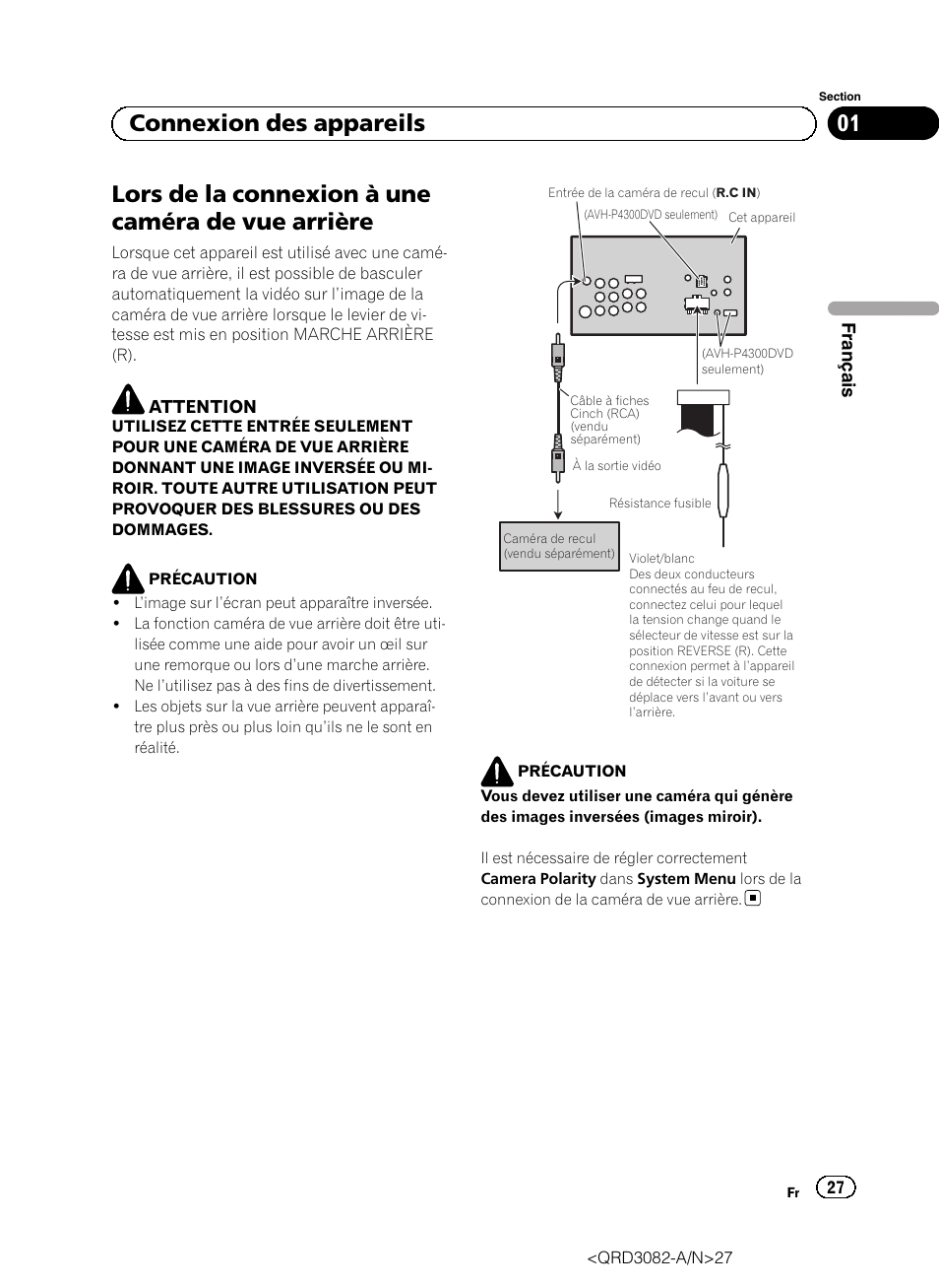 Lors de la connexion à une caméra de vue arrière, 01 connexion des appareils | Pioneer AVH P4300DVD User Manual | Page 27 / 100