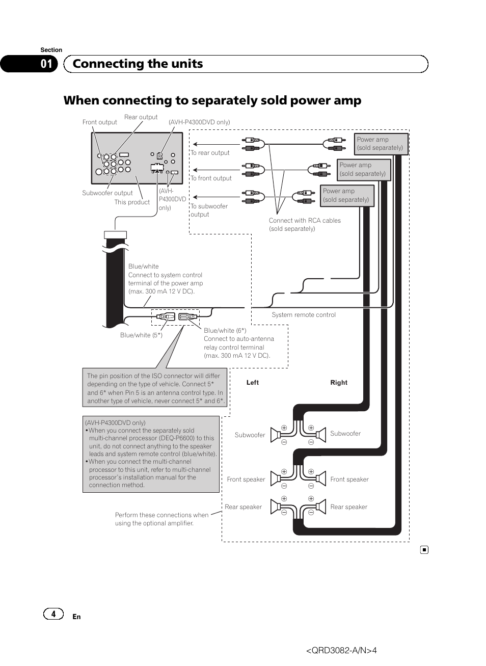 When connecting to separately sold power amp, 01 connecting the units | Pioneer AVH P4300DVD User Manual | Page 4 / 100