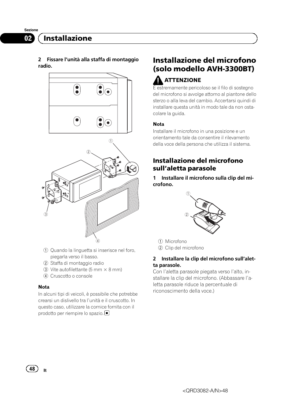 02 installazione, Installazione del microfono sull ’aletta parasole | Pioneer AVH P4300DVD User Manual | Page 48 / 100