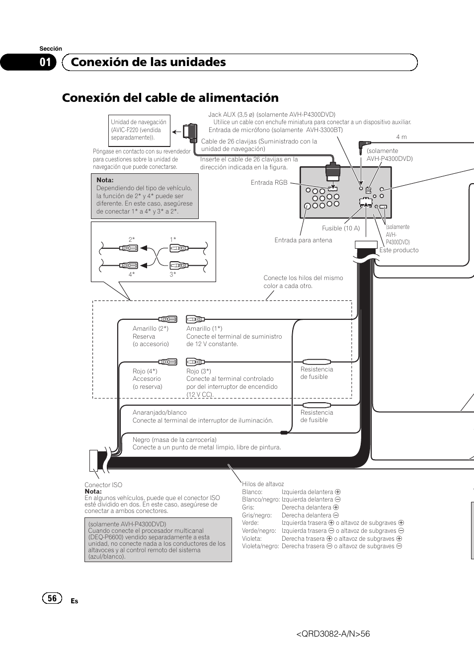 Conexión del cable de alimentación, 01 conexión de las unidades | Pioneer AVH P4300DVD User Manual | Page 56 / 100