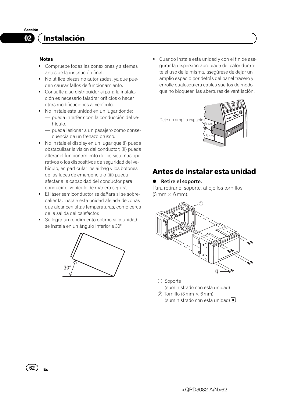 Antes de instalar esta unidad, 02 instalación | Pioneer AVH P4300DVD User Manual | Page 62 / 100