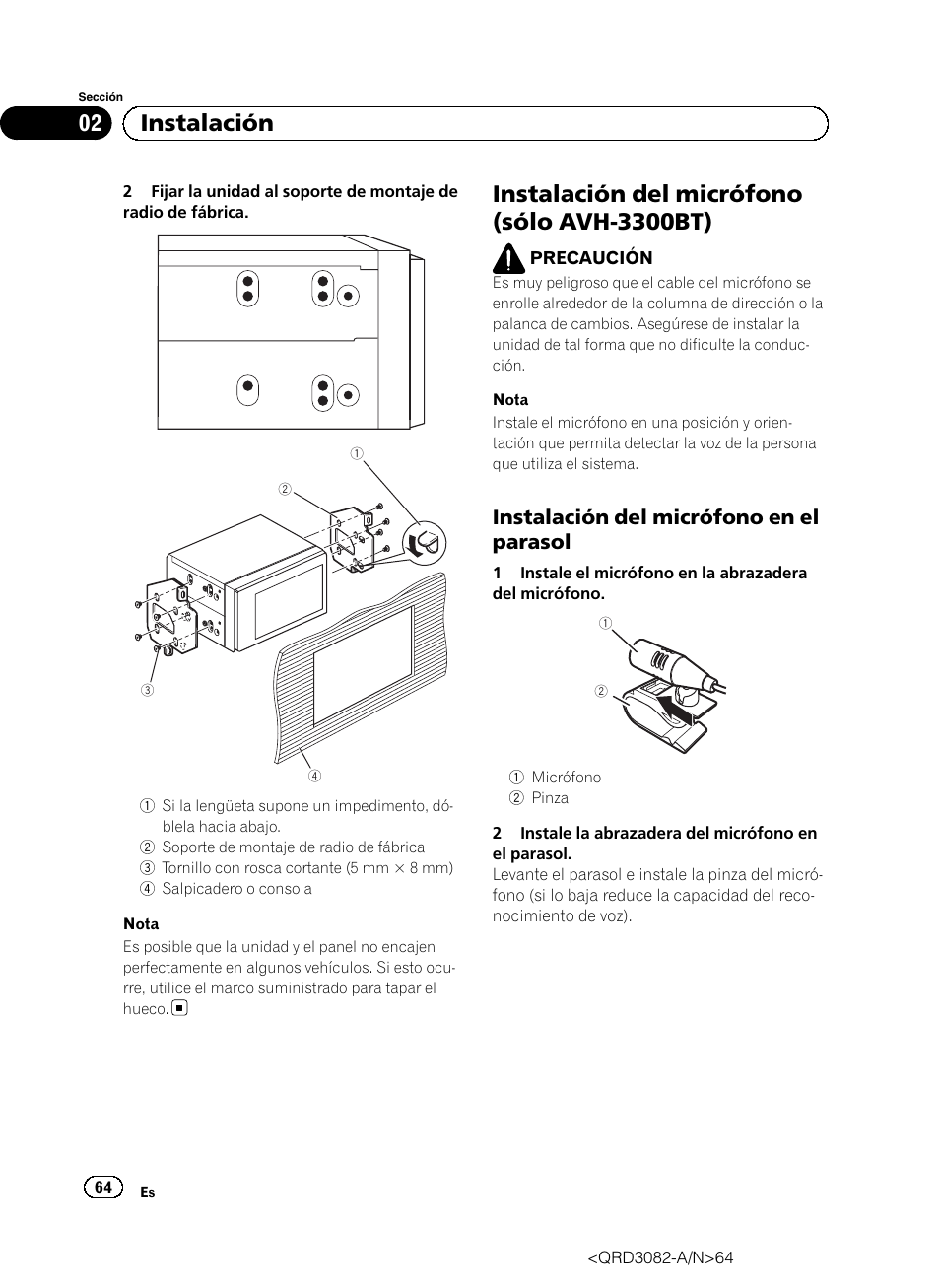 Instalación del micrófono (sólo avh-3300bt), 02 instalación, Instalación del micrófono en el parasol | Pioneer AVH P4300DVD User Manual | Page 64 / 100