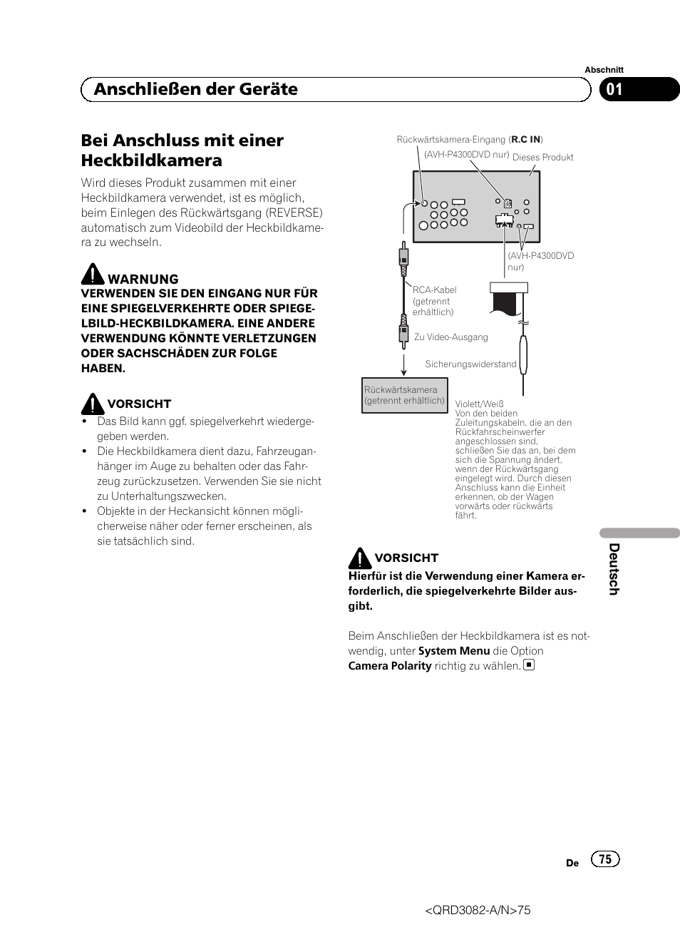 Bei anschluss mit einer heckbildkamera, 01 anschließen der geräte | Pioneer AVH P4300DVD User Manual | Page 75 / 100