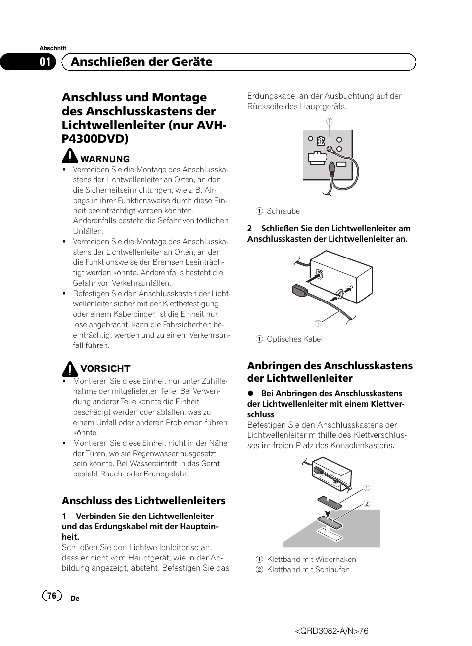 01 anschließen der geräte, Anschluss des lichtwellenleiters | Pioneer AVH P4300DVD User Manual | Page 76 / 100