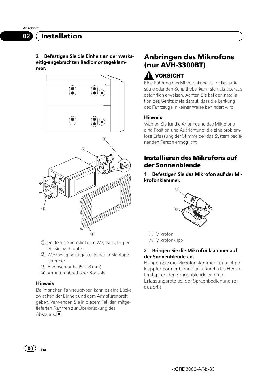 Anbringen des mikrofons (nur avh-3300bt), 02 installation, Installieren des mikrofons auf der sonnenblende | Pioneer AVH P4300DVD User Manual | Page 80 / 100