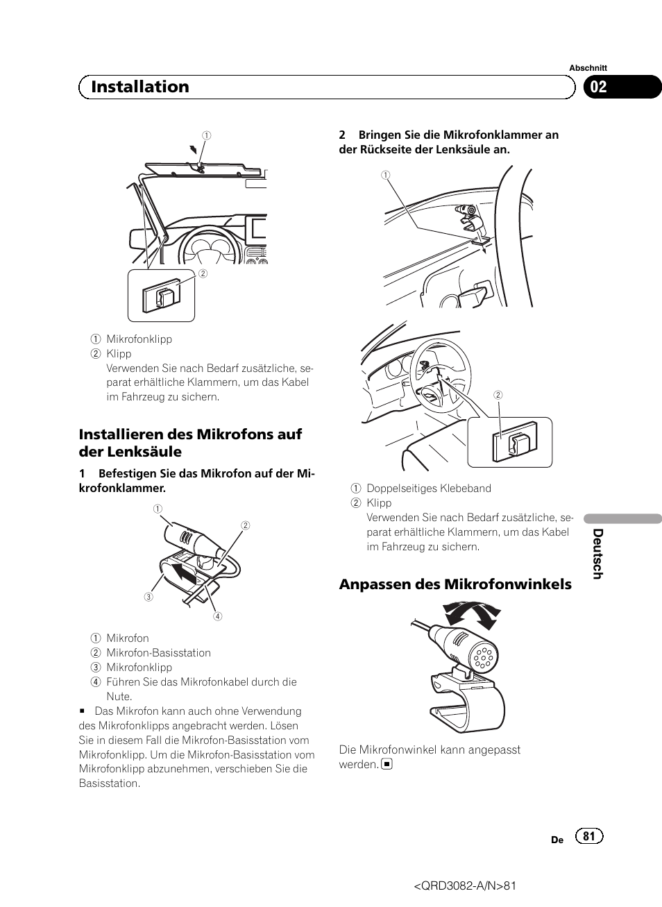 02 installation, Installieren des mikrofons auf der lenksäule, Anpassen des mikrofonwinkels | Pioneer AVH P4300DVD User Manual | Page 81 / 100