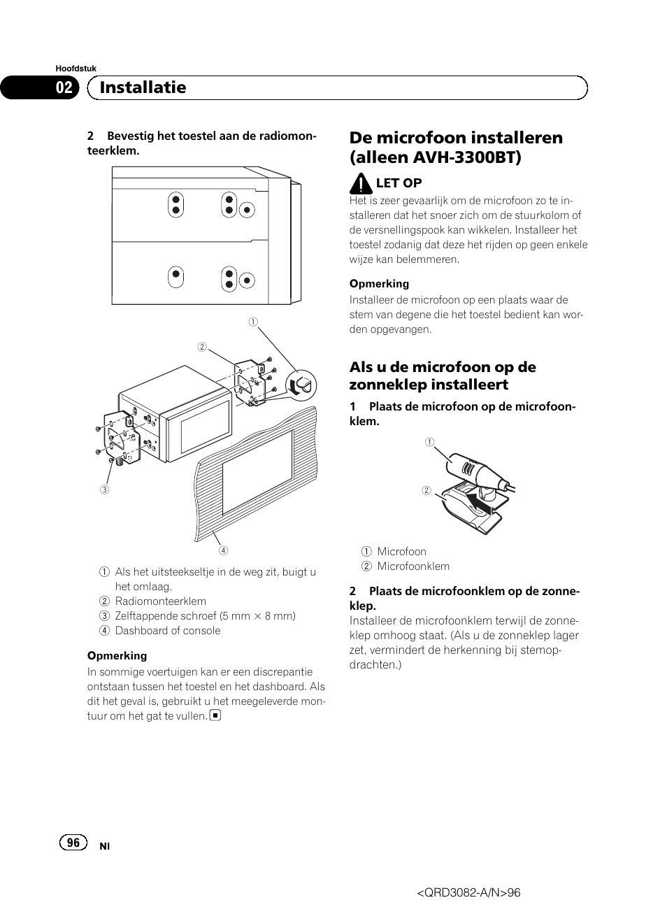 De microfoon installeren (alleen avh-3300bt), 02 installatie, Als u de microfoon op de zonneklep installeert | Pioneer AVH P4300DVD User Manual | Page 96 / 100