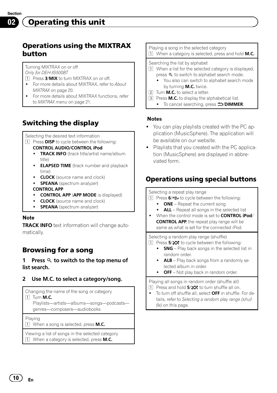 02 operating this unit, Operations using the mixtrax button, Switching the display | Browsing for a song, Operations using special buttons | Pioneer DEH-X5500BT User Manual | Page 10 / 32