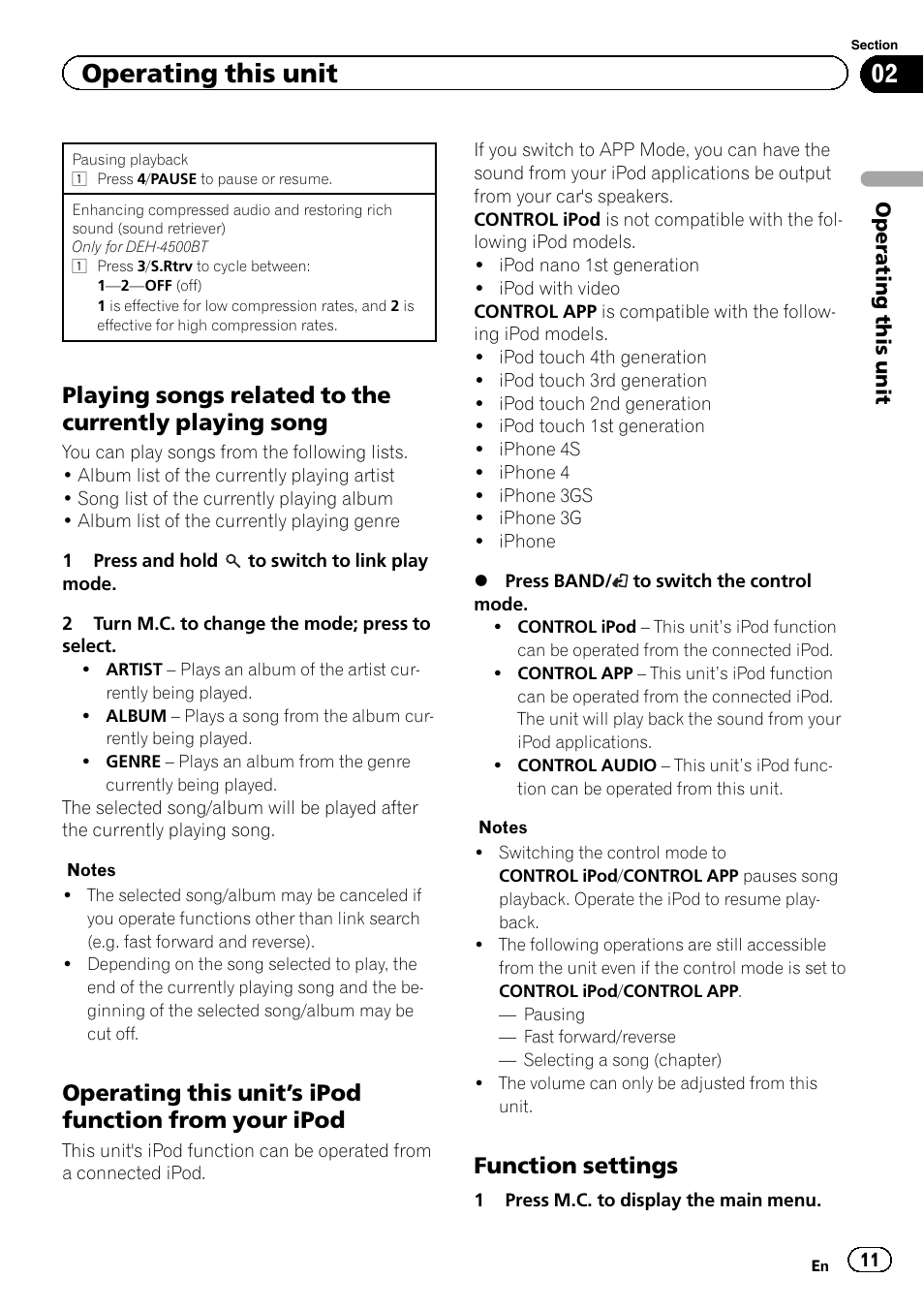 Operating this unit, Function settings | Pioneer DEH-X5500BT User Manual | Page 11 / 32