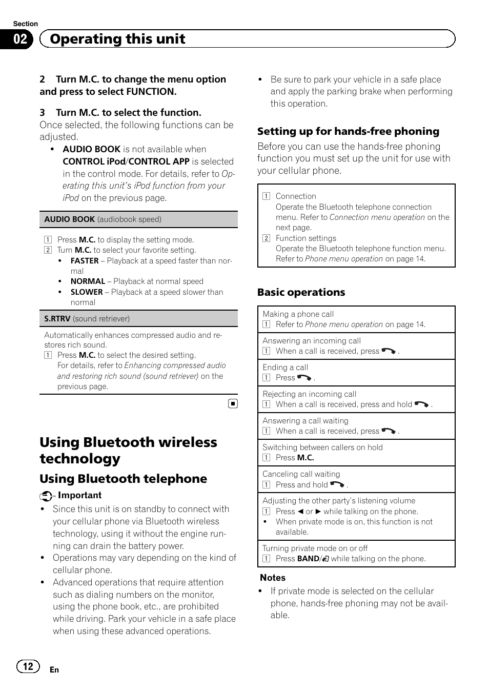 Using bluetooth wireless technology, 02 operating this unit, Using bluetooth telephone | Pioneer DEH-X5500BT User Manual | Page 12 / 32