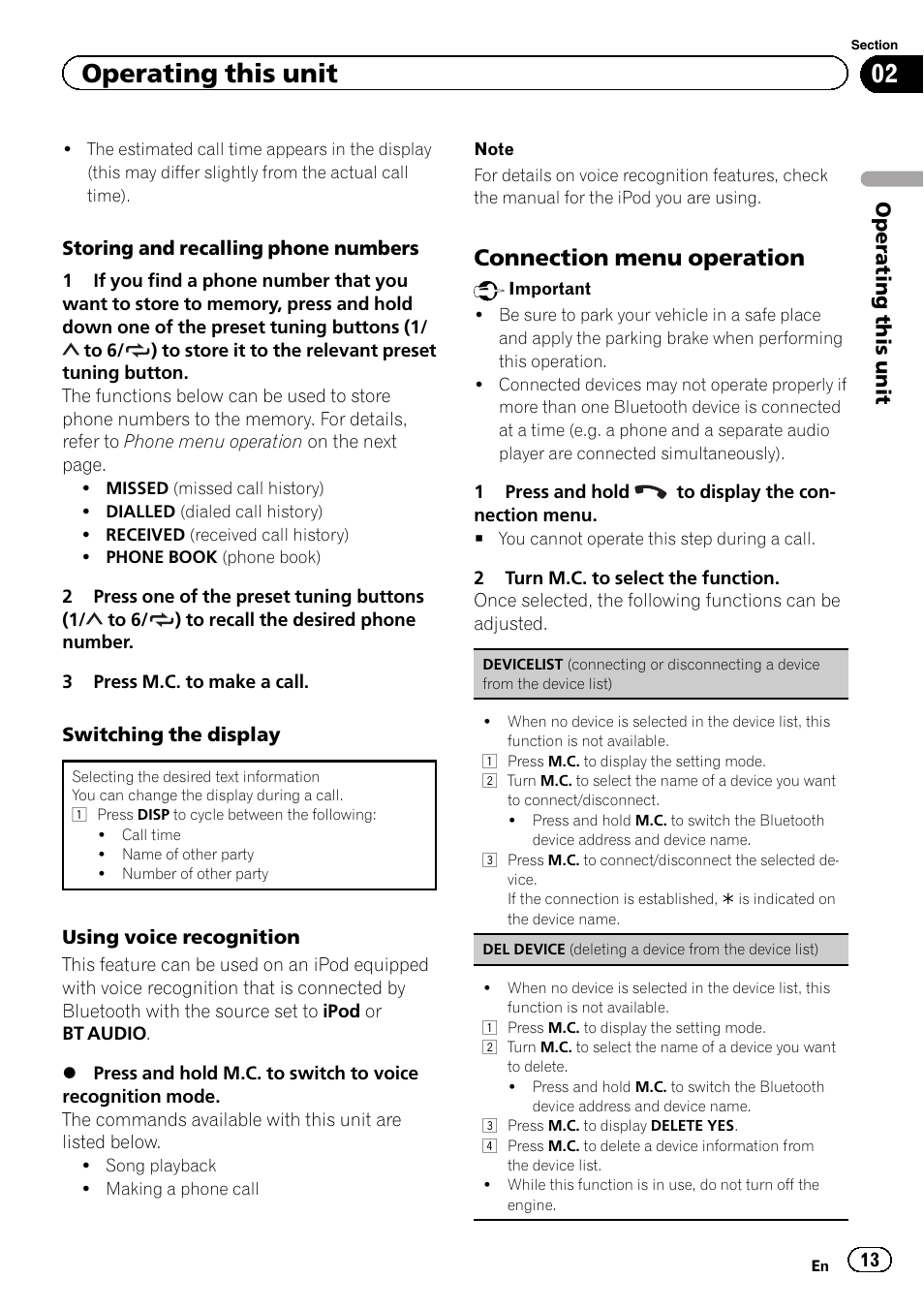 Operating this unit, Connection menu operation | Pioneer DEH-X5500BT User Manual | Page 13 / 32