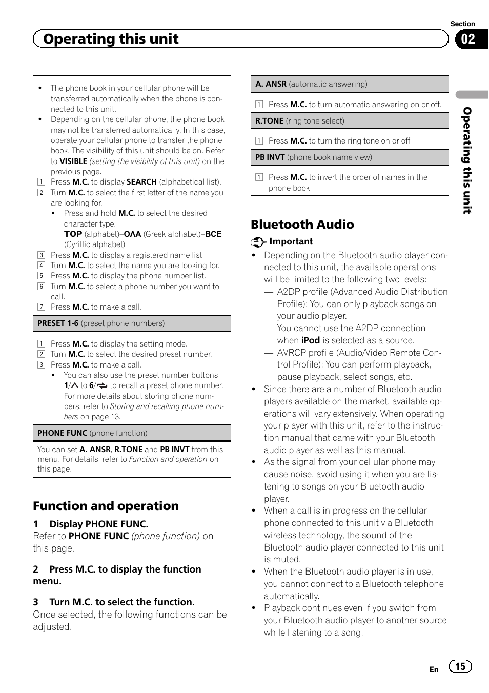 Function and operation, Bluetooth audio, Operating this unit | Pioneer DEH-X5500BT User Manual | Page 15 / 32