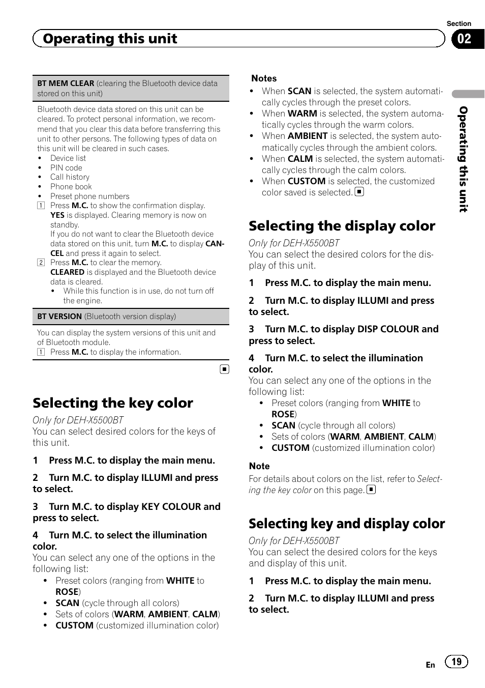 Selecting the key color, Selecting the display color, Selecting key and display color | Operating this unit | Pioneer DEH-X5500BT User Manual | Page 19 / 32