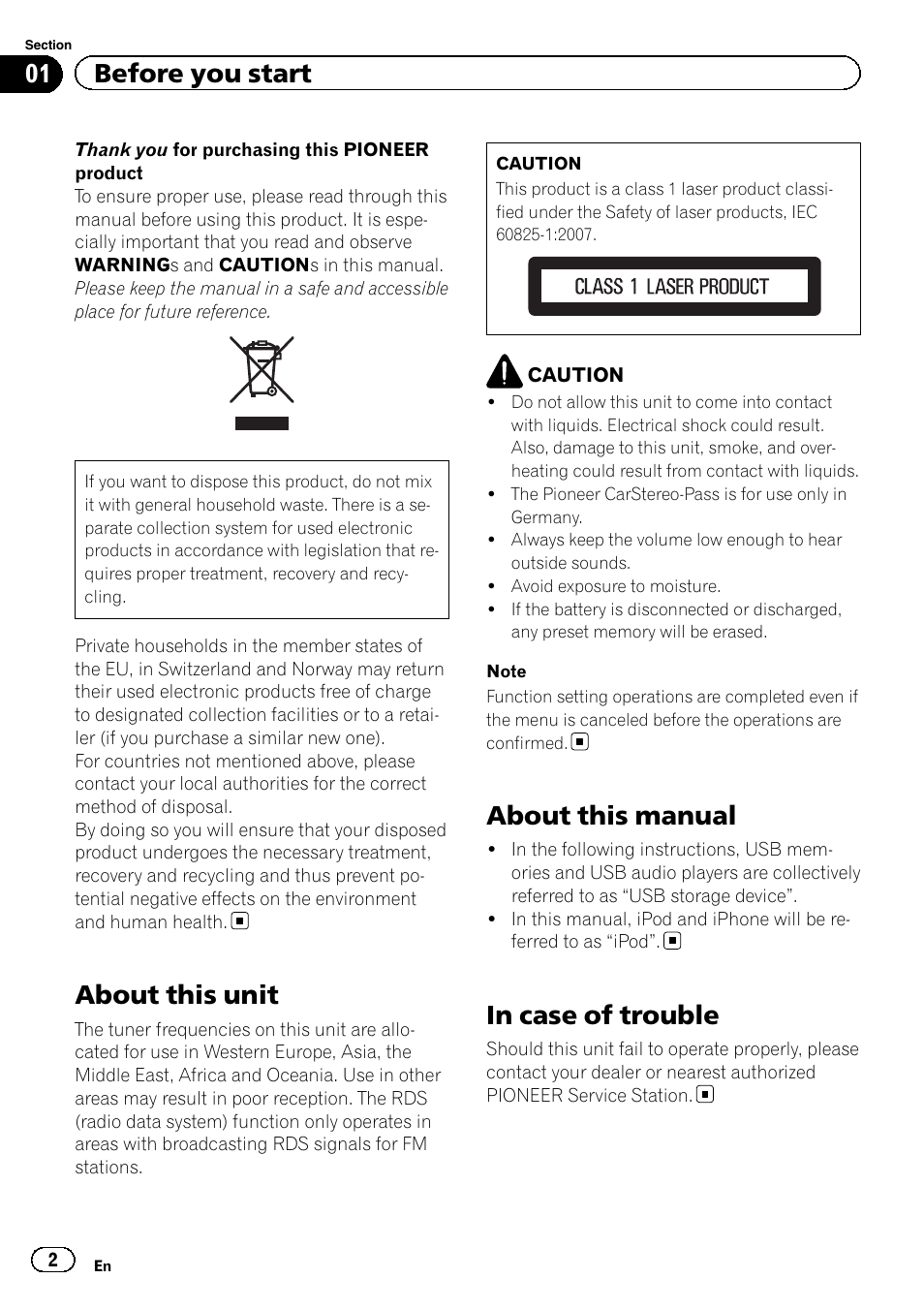 About this unit, About this manual, 01 before you start | Pioneer DEH-X5500BT User Manual | Page 2 / 32