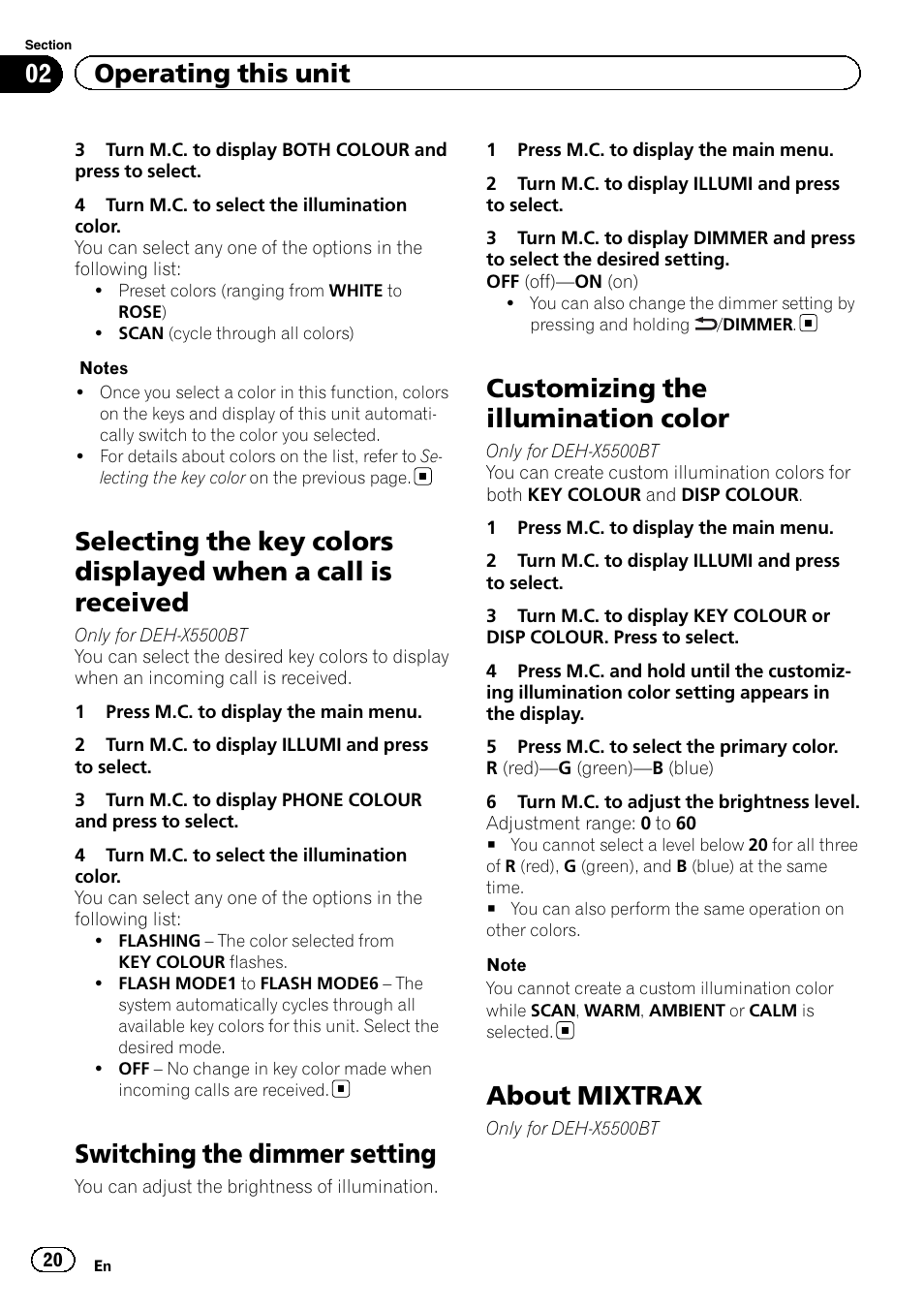 About, Switching the dimmer setting, Customizing the illumination color | About mixtrax, 02 operating this unit | Pioneer DEH-X5500BT User Manual | Page 20 / 32