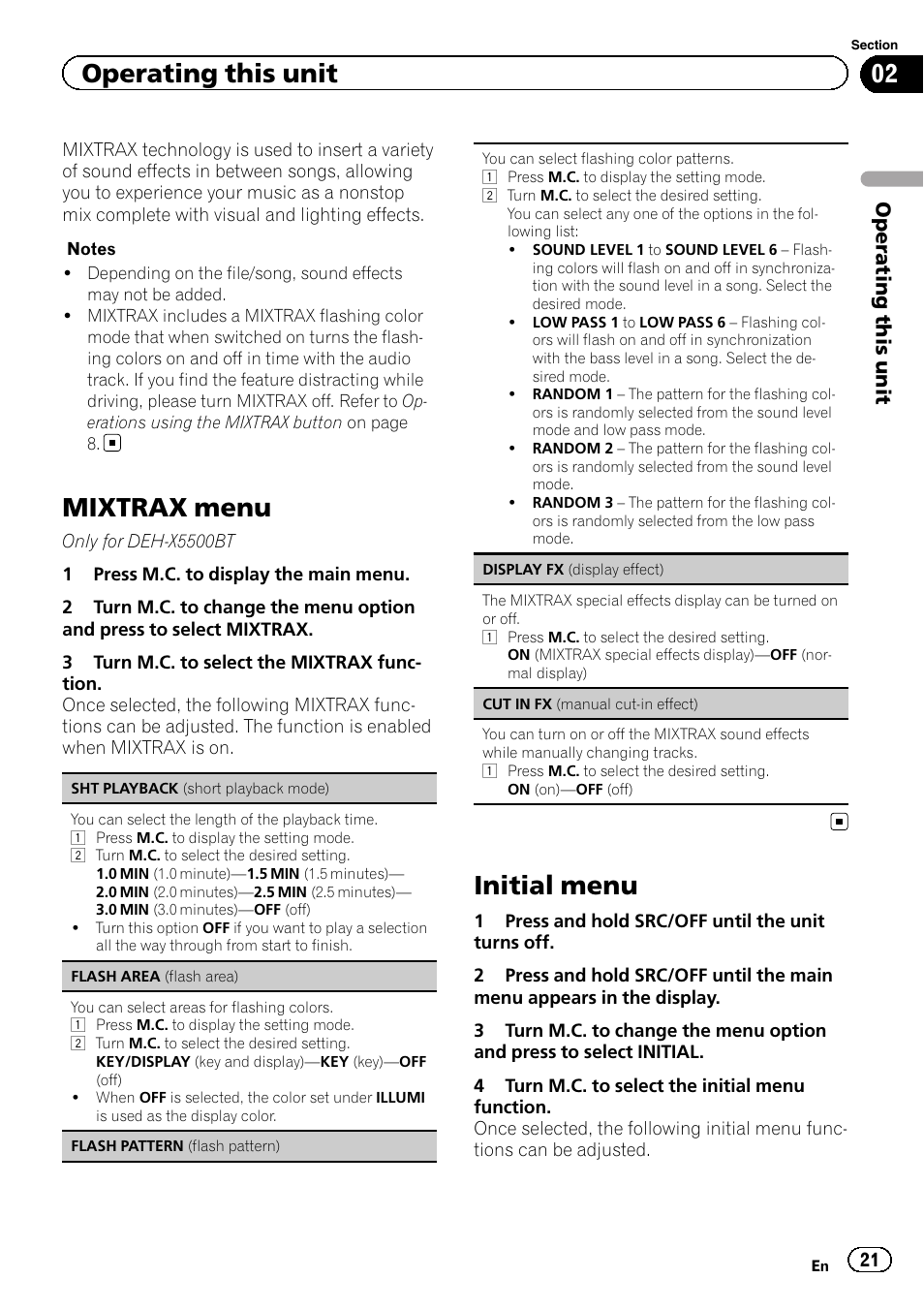 Mixtrax menu, Initial menu, Operating this unit | Pioneer DEH-X5500BT User Manual | Page 21 / 32