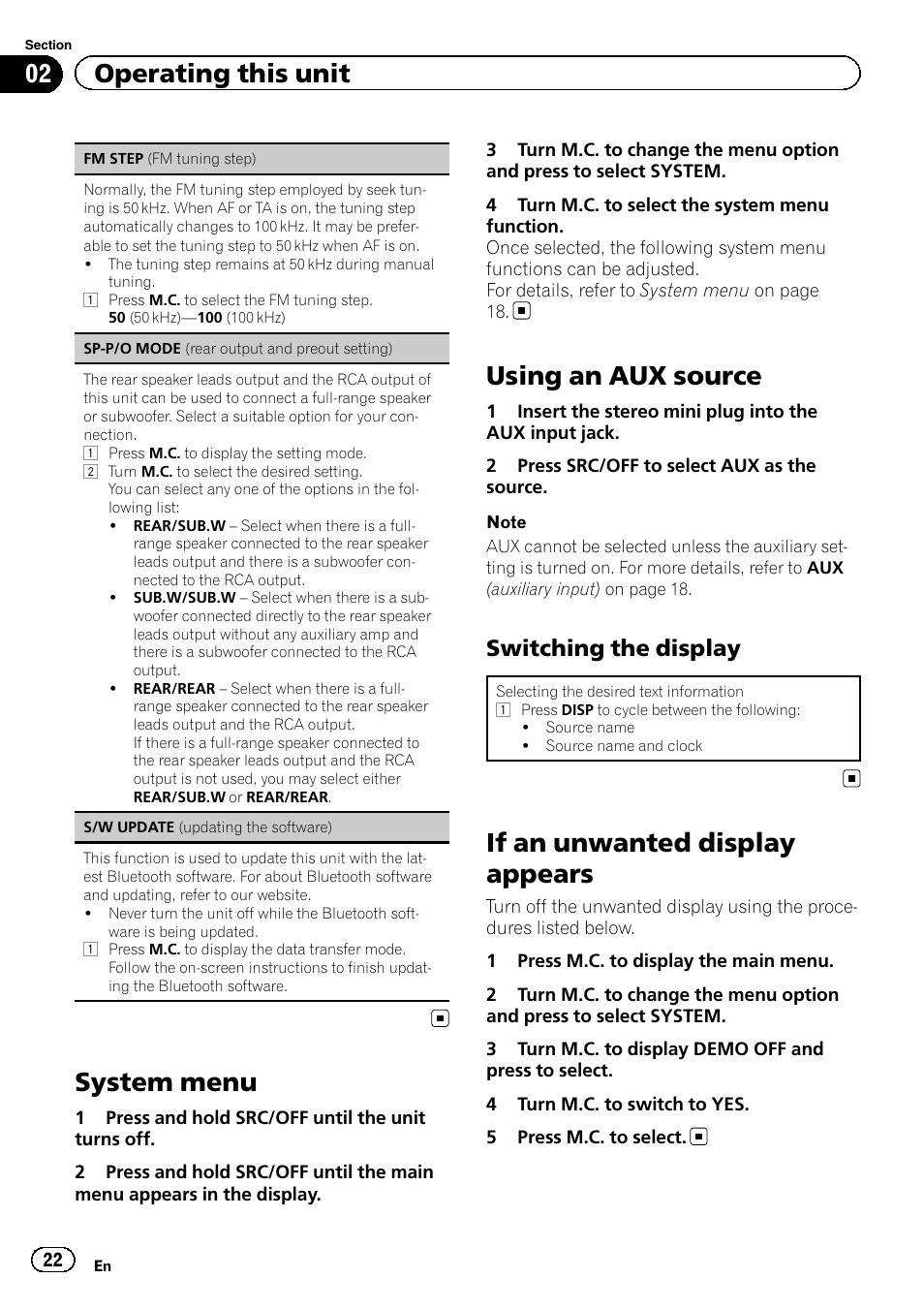 System menu, Using an aux source, If an unwanted display appears | 02 operating this unit, Switching the display | Pioneer DEH-X5500BT User Manual | Page 22 / 32