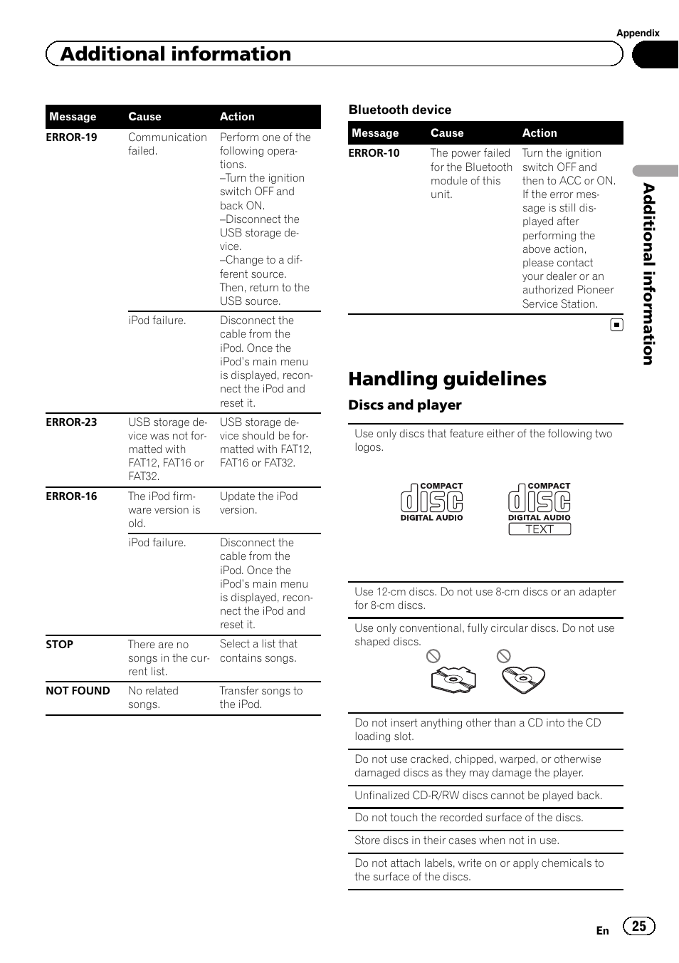 Handling guidelines, Additional information | Pioneer DEH-X5500BT User Manual | Page 25 / 32