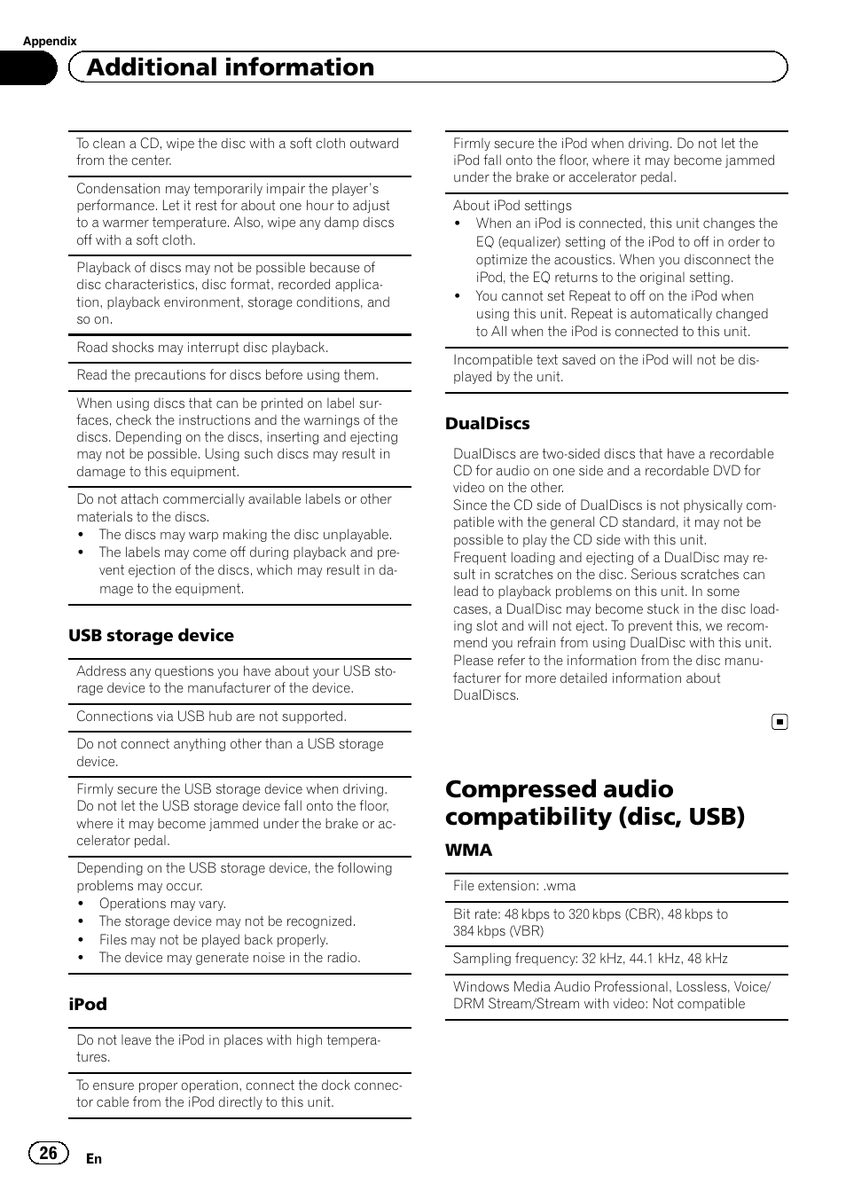 Compressed audio compatibility (disc, usb), Additional information | Pioneer DEH-X5500BT User Manual | Page 26 / 32